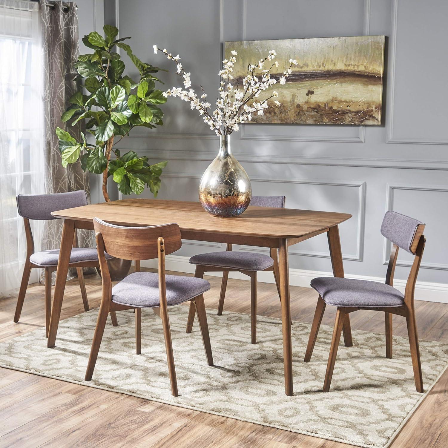 Mid-Century Natural Walnut 5-Piece Dining Set with Gray Fabric Chairs