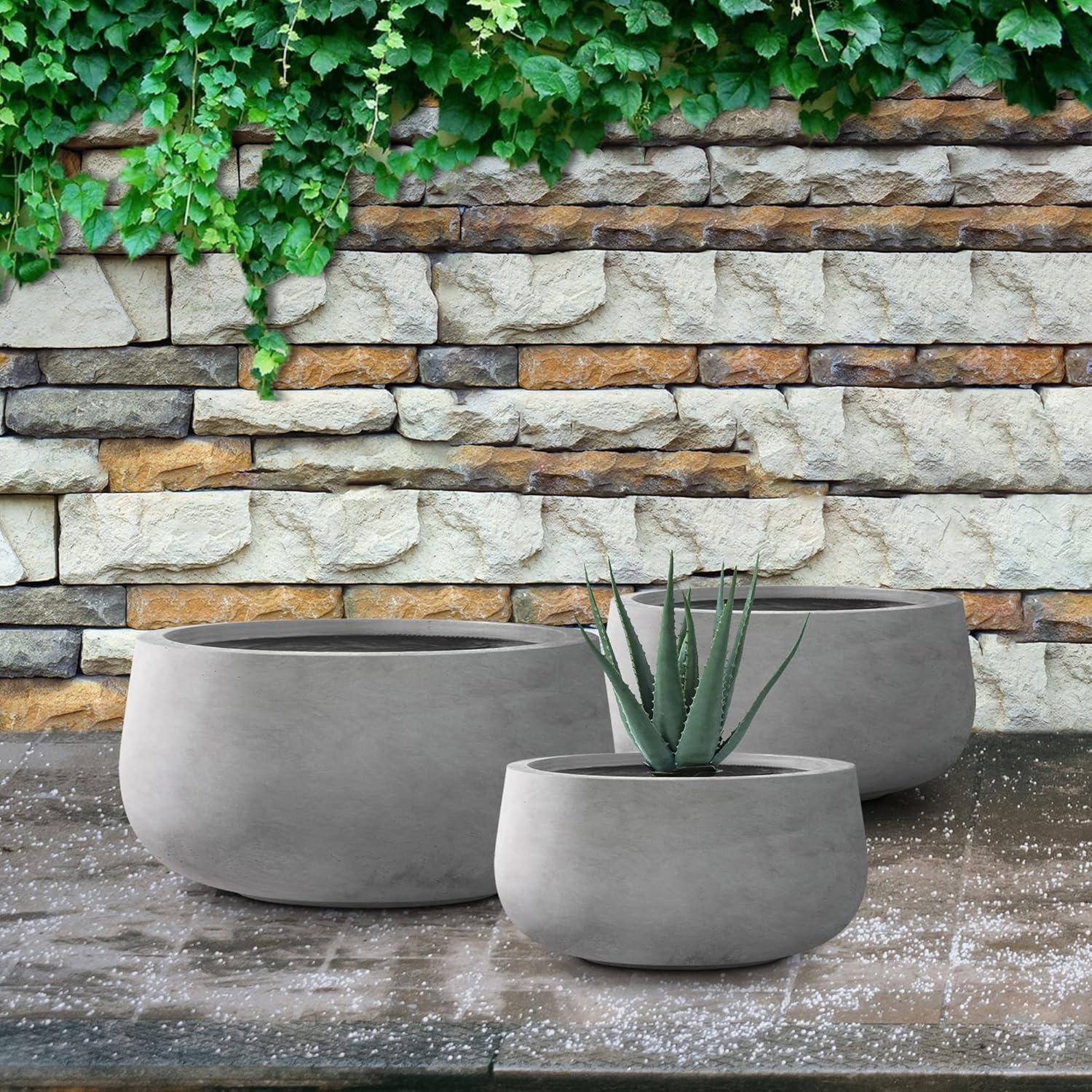 Set of 3 Round Gray Concrete Planters with Drainage