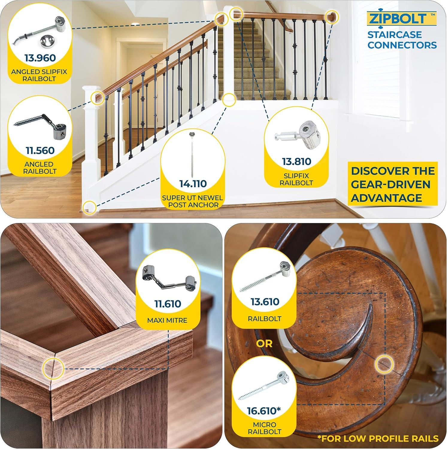 Zipbolt 11.560 Angled Railbolt — Angled Staircase Handrail to Newel Post Connector for Lower Connection, Residential and Commercial Installation, New Construction and Remodels — 1 Double Pack
