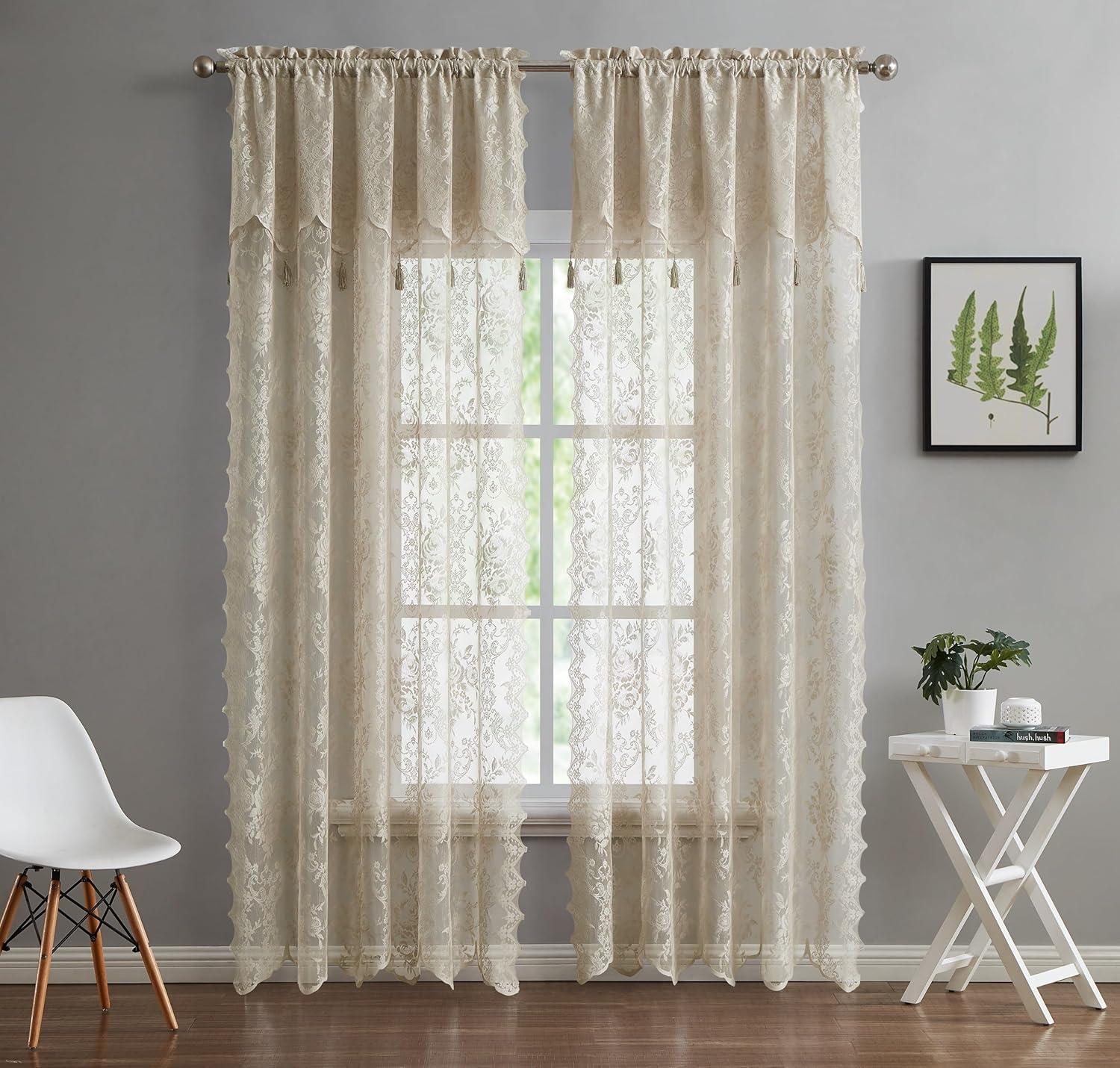 Rosdorf Park Rosdorf Park Pair Of 2 Sheer Lace Curtain Panels with Attached Matching Valance With 6 Tassels. (Set of 2)