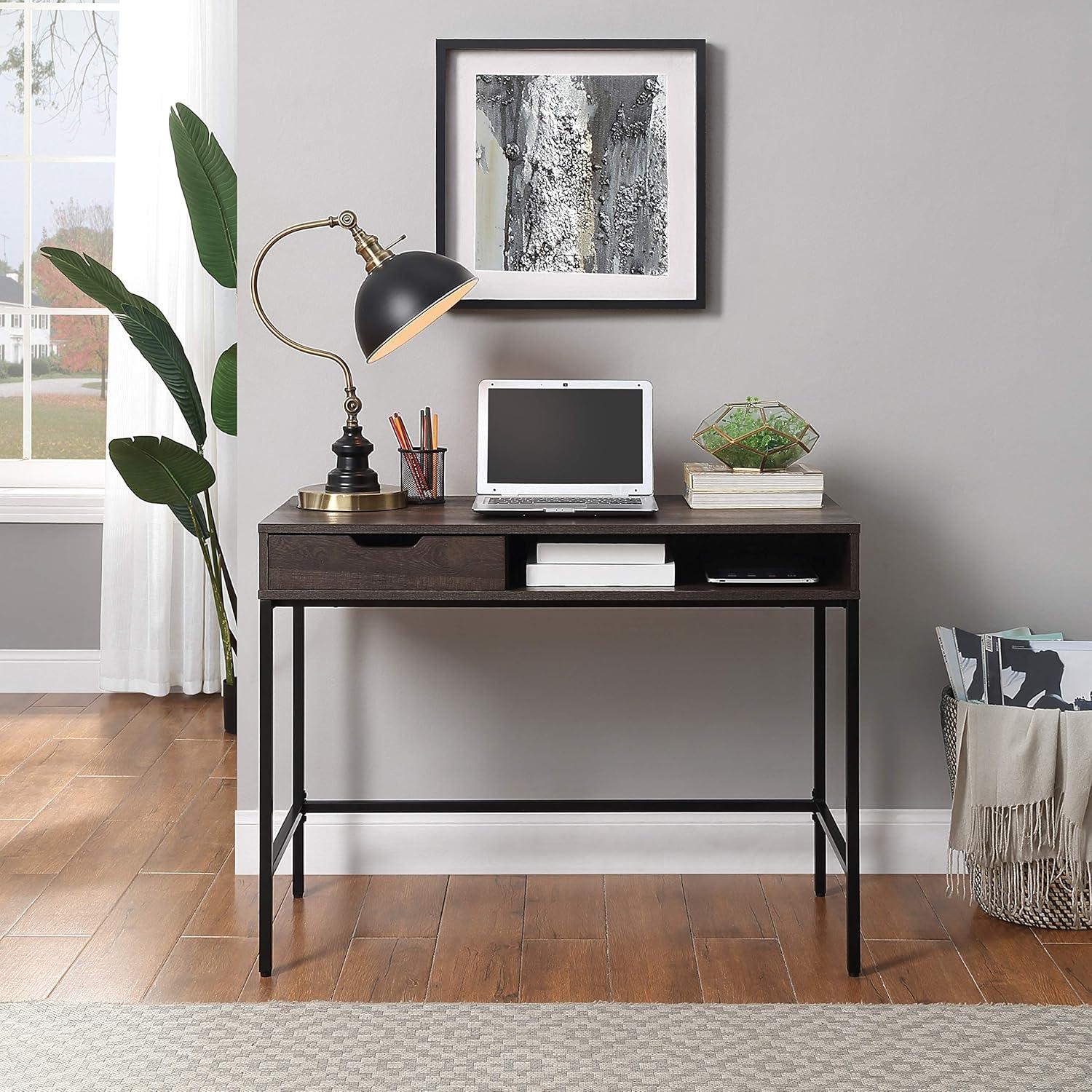 Contempo 40-Inch Desk with Drawer and Shelf in Brown Wood Grain Finish