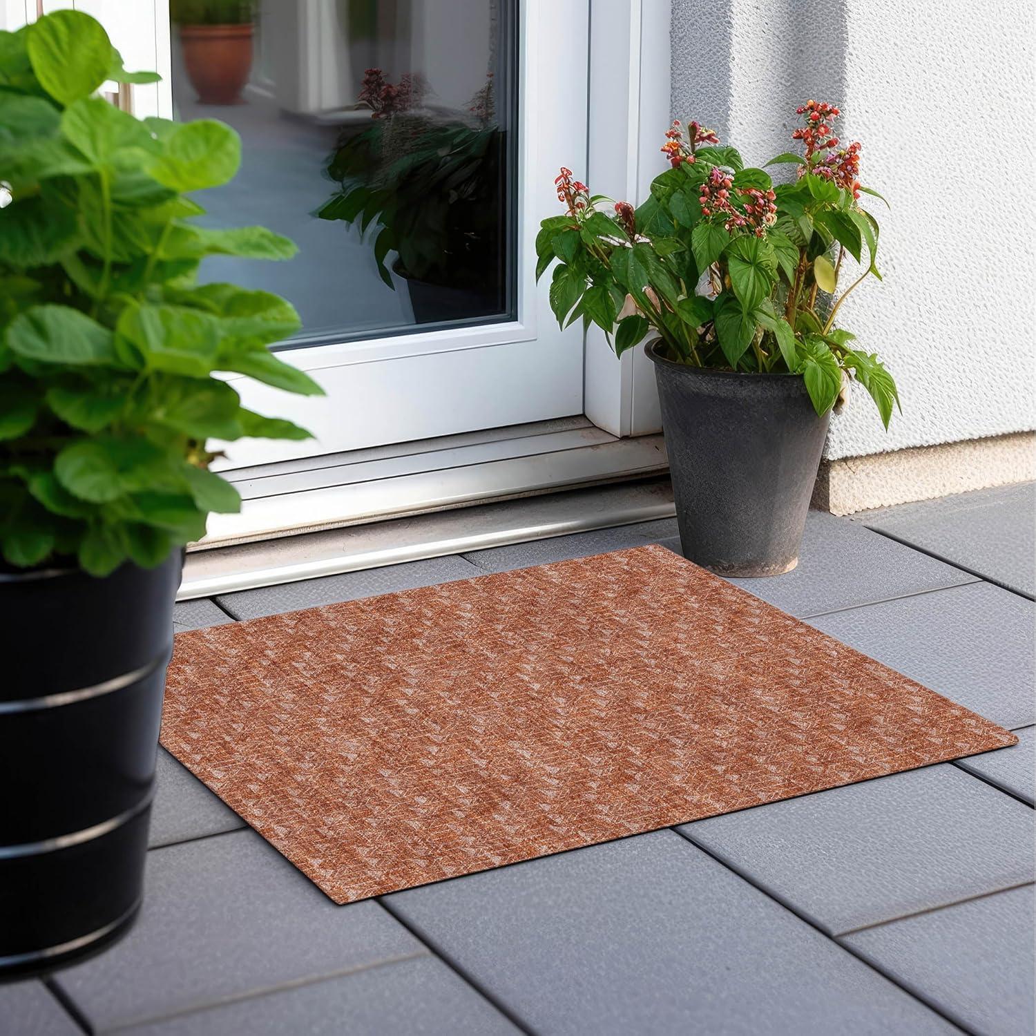 Terracotta Geometric Synthetic Washable Rectangular Rug