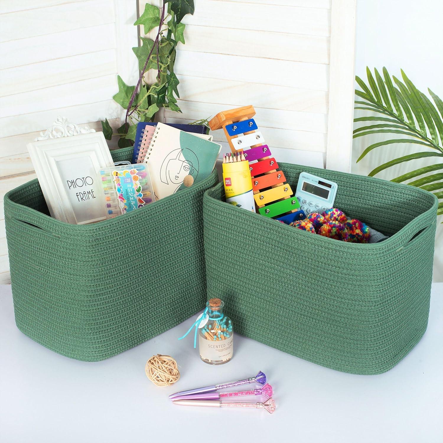 Design 3-Pack Storage Baskets for Shelves, Decorative Baskets for Organizing, Woven Baskets for Storage, Book Basket Cube Storage Bin Box, Pantry Closet and Shoe Organizers, Forest Green