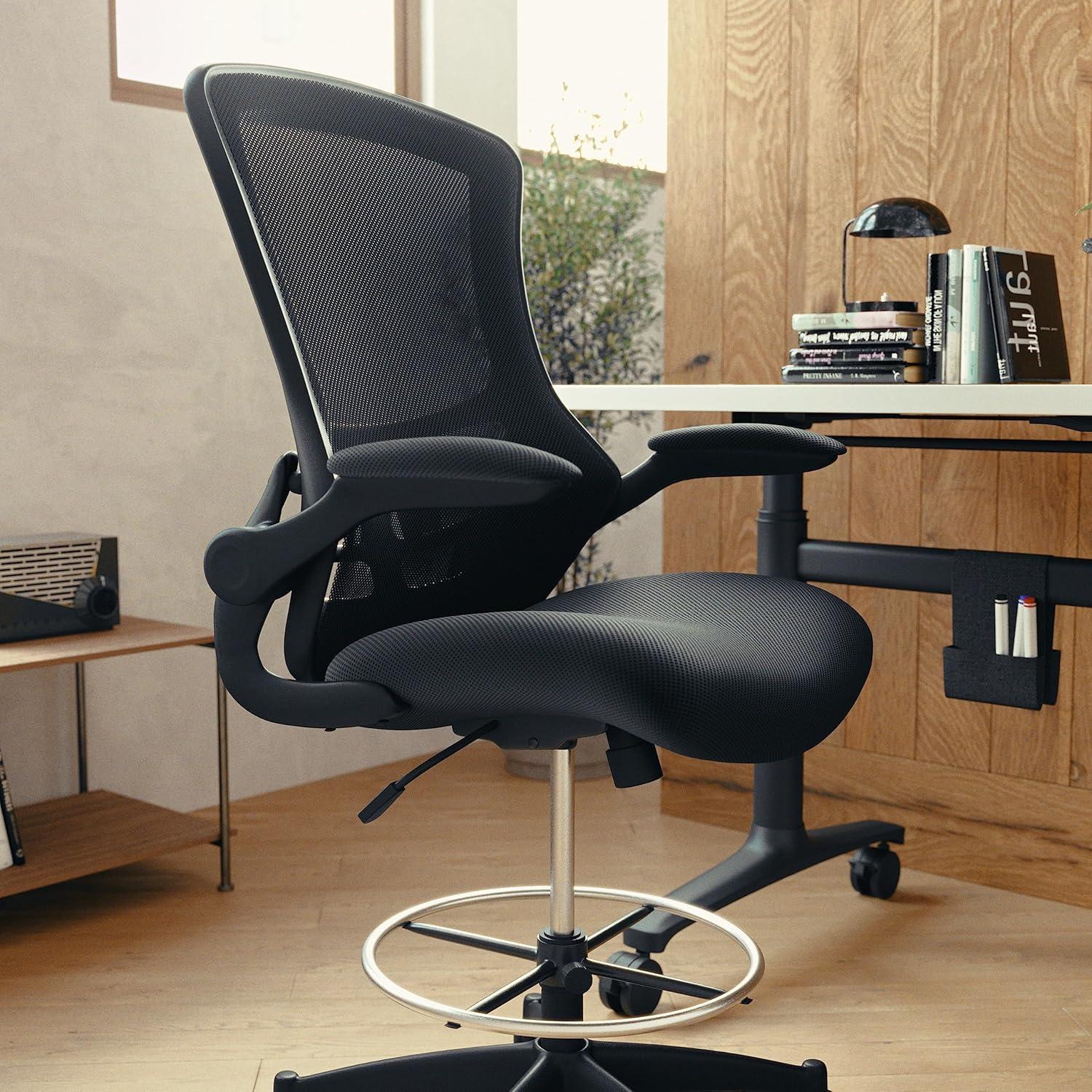 Flash Furniture Mid-Back Mesh Ergonomic Drafting Chair with Adjustable Foot Ring and Flip-Up Arms