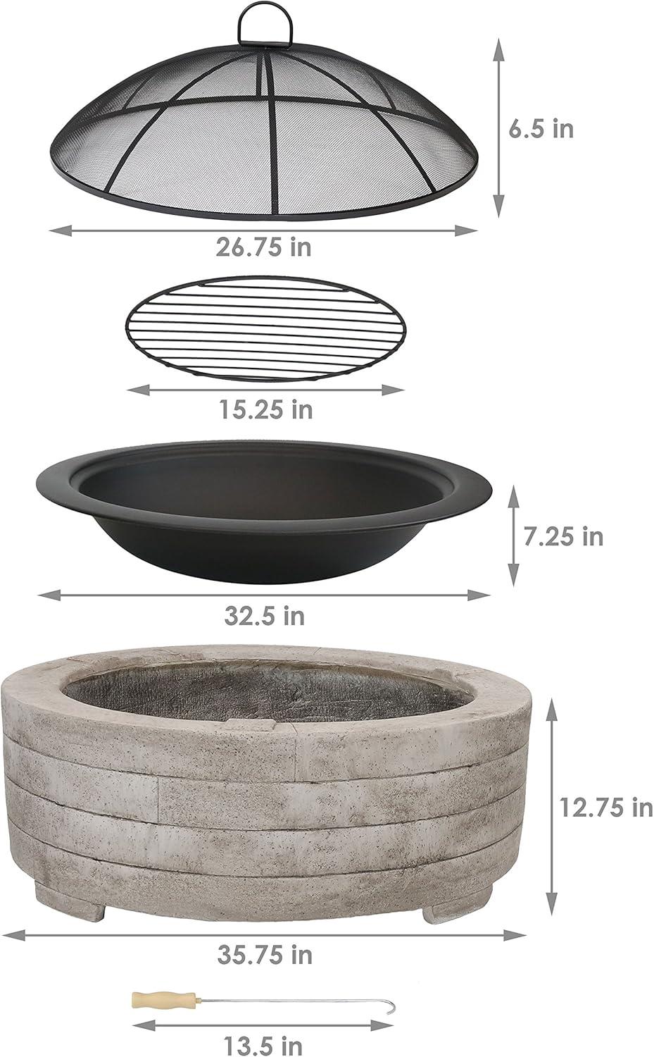 Sunnydaze Outdoor Large Round Faux Stone Fire Pit with Handles, Log Poker, and Spark Screen - 35" - Gray