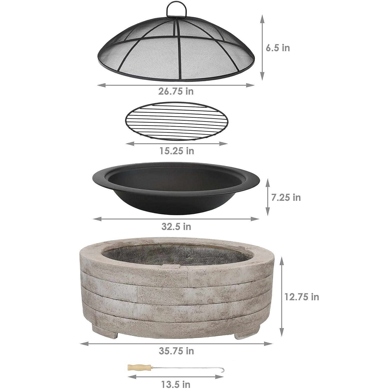 Sunnydaze Outdoor Large Round Faux Stone Fire Pit with Handles, Log Poker, and Spark Screen - 35" - Gray
