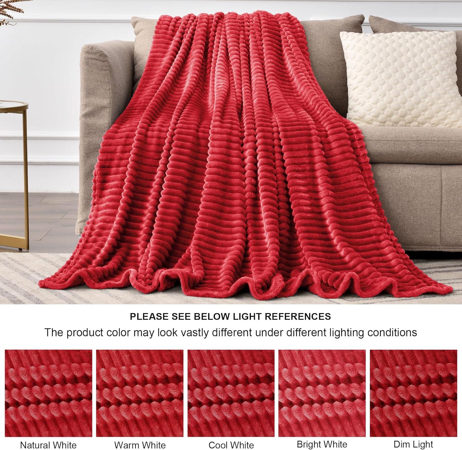 BEDELITE Fleece Throw Blanket for Couch 3D Ribbed Jacquard Cozy, Fluffy, Plush Lightweight Red Throw Blankets for Bed, Sofa, 50x60 inches