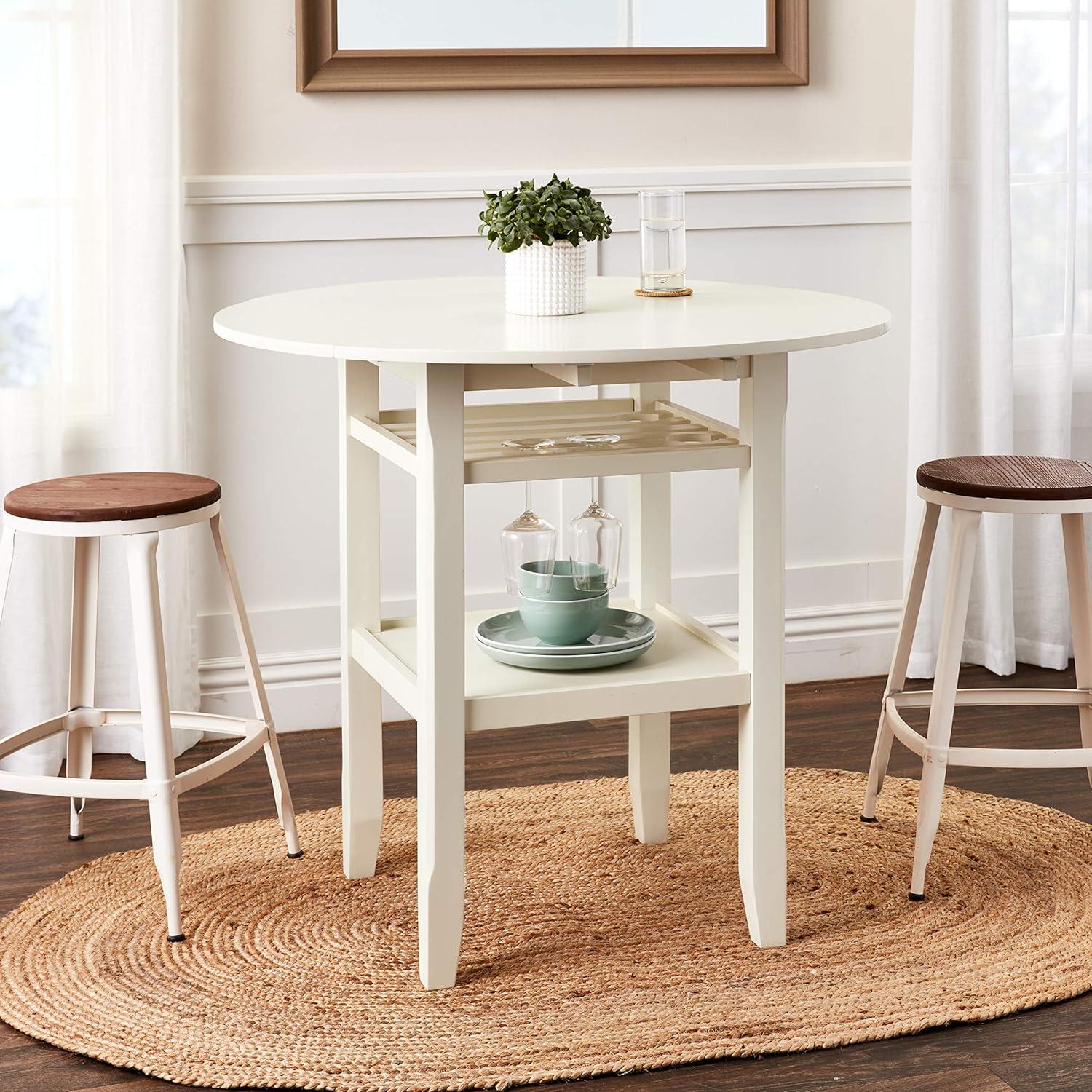 Round Wooden Counter Height Table With Wine Glass Shelf, Cream- Saltoro Sherpi