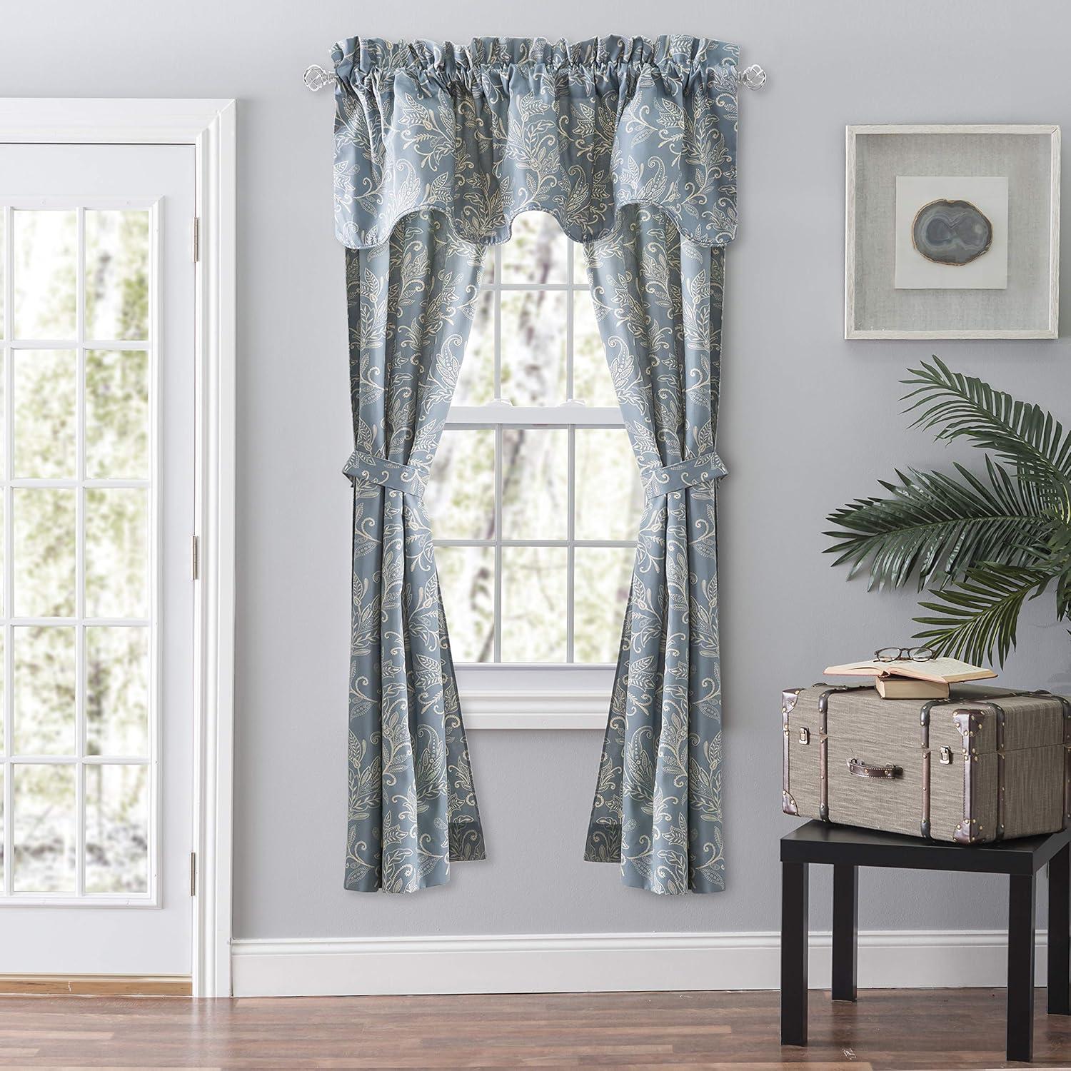 Ellis Curtain Lexington Leaf Pattern on Colored Ground Curtain Pair with Ties Blue