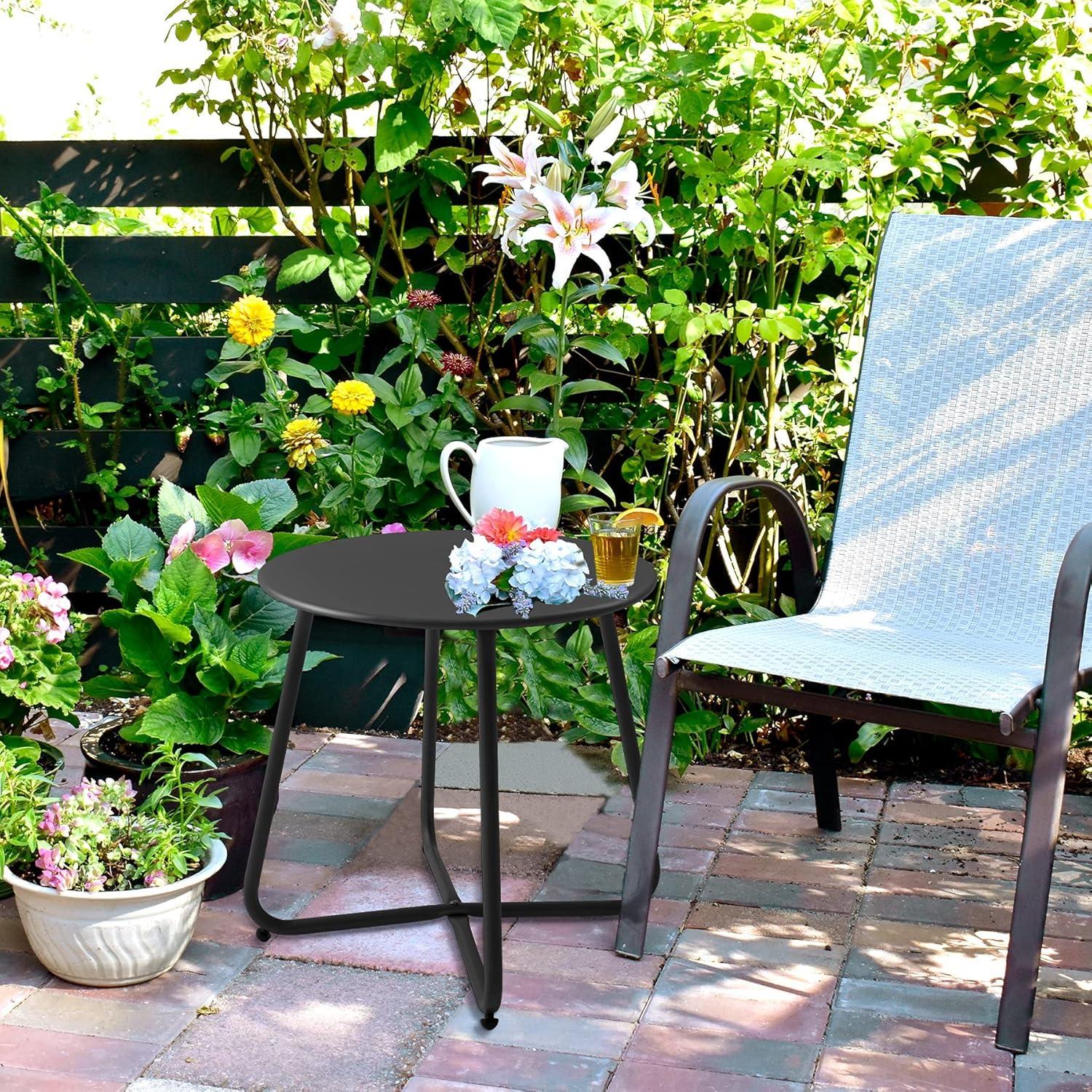 Black Round Steel Patio Side Table with Adjustable Feet