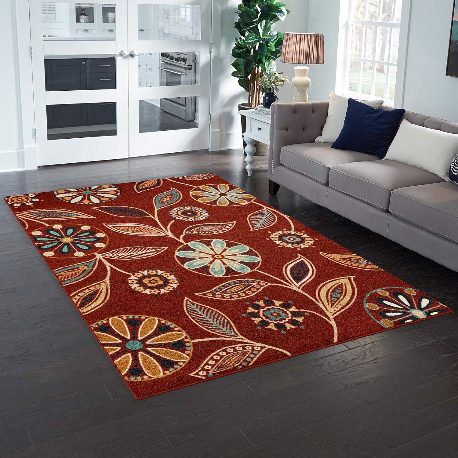 Red Floral Tufted Reversible Synthetic Kids Area Rug, 7' x 10'