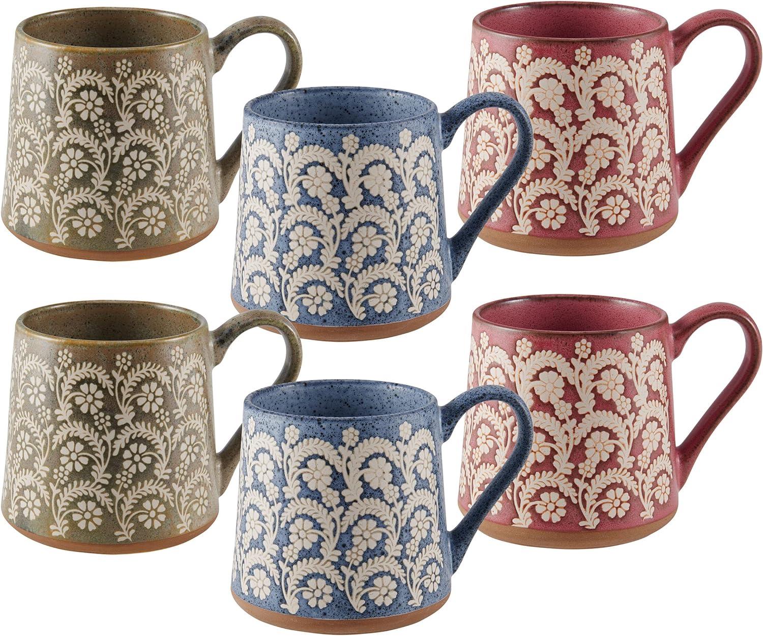 Set of 6 Blue, Red, and Green Ceramic Floral Mugs