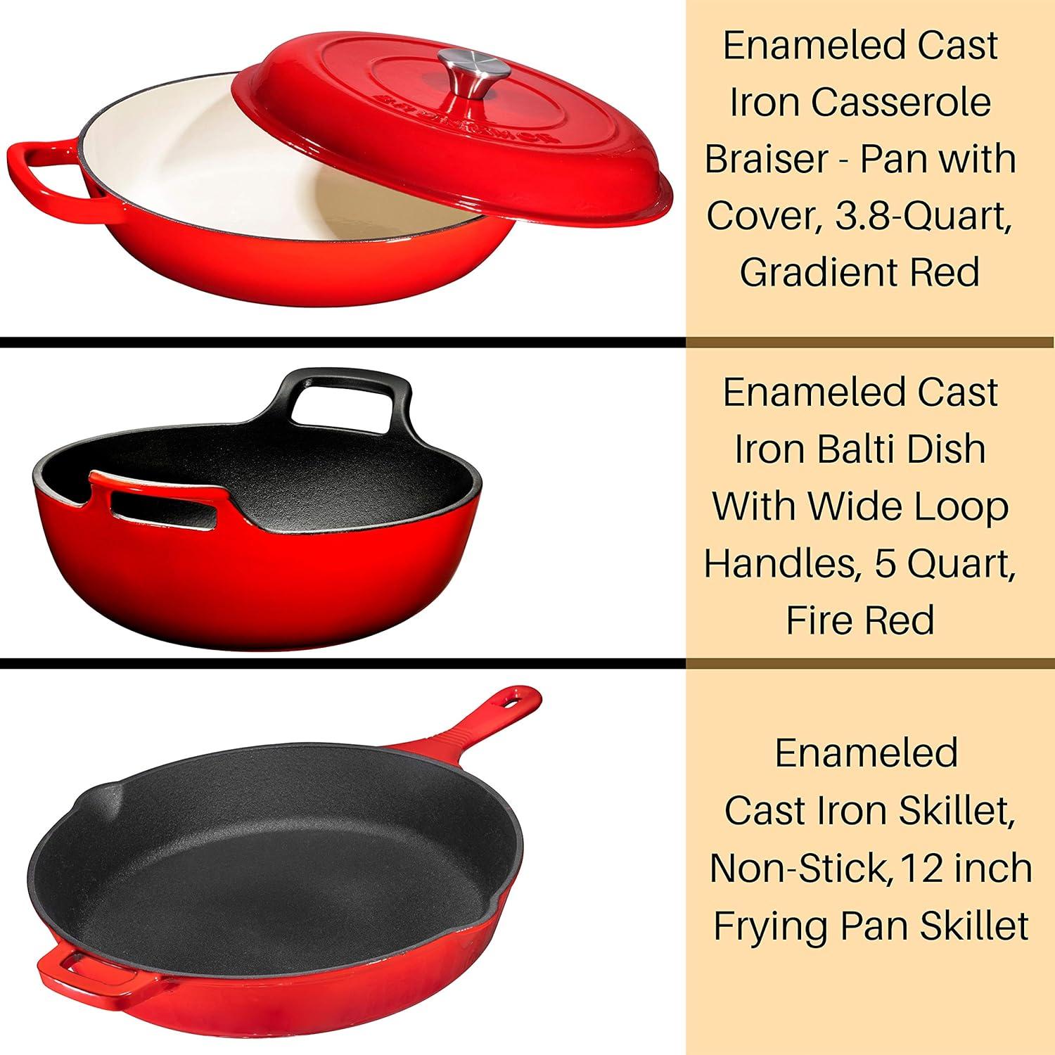 Bruntmor | Enameled Cast Iron 3 Piece Bundle Gift Set 3.8Qt Braiser Pan 12 | 1