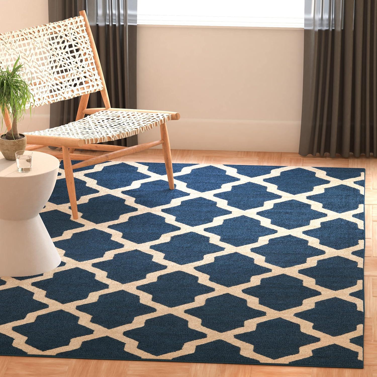 Navy Blue and Ivory Hand-Tufted Wool Area Rug, 5' x 8'