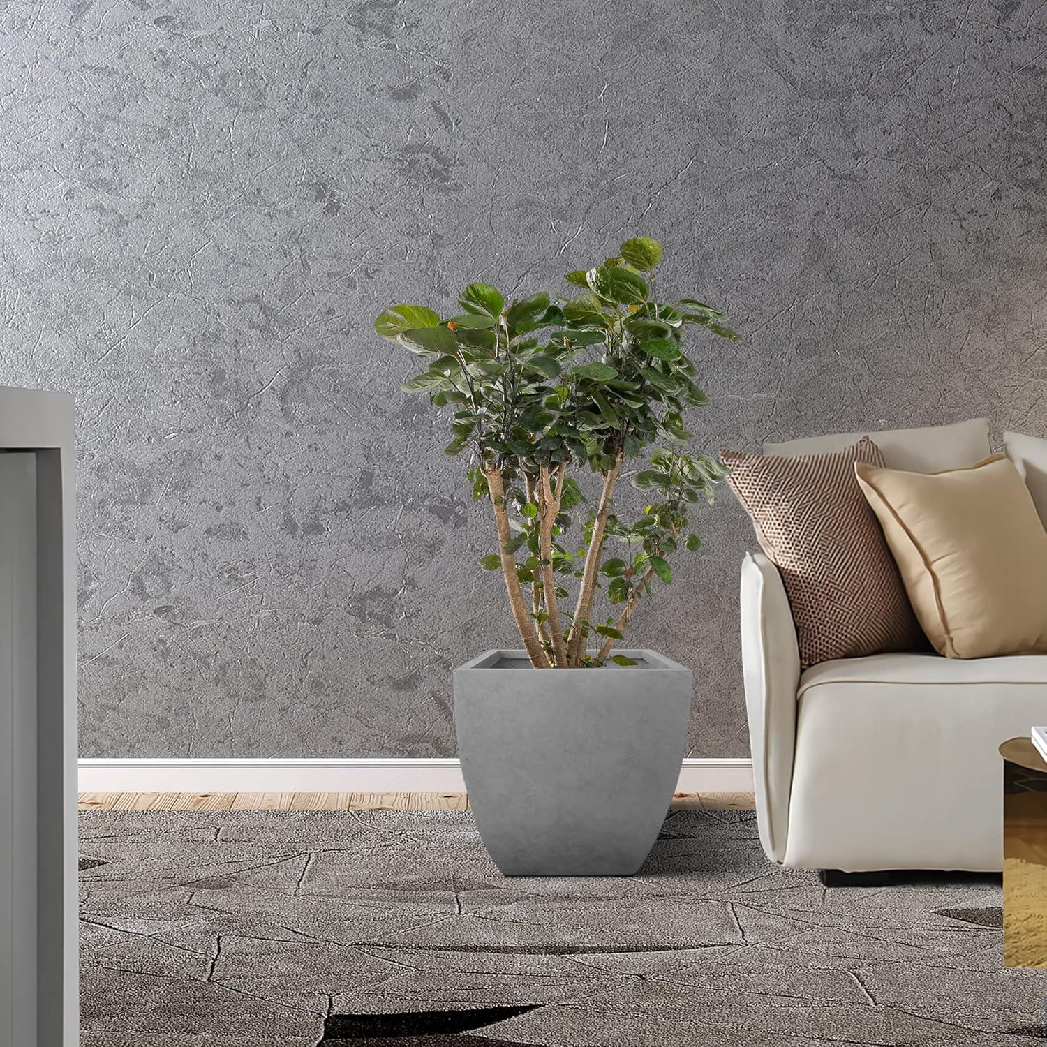 Contemporary Square Medium Natural Concrete Planter 17.7" with Drainage