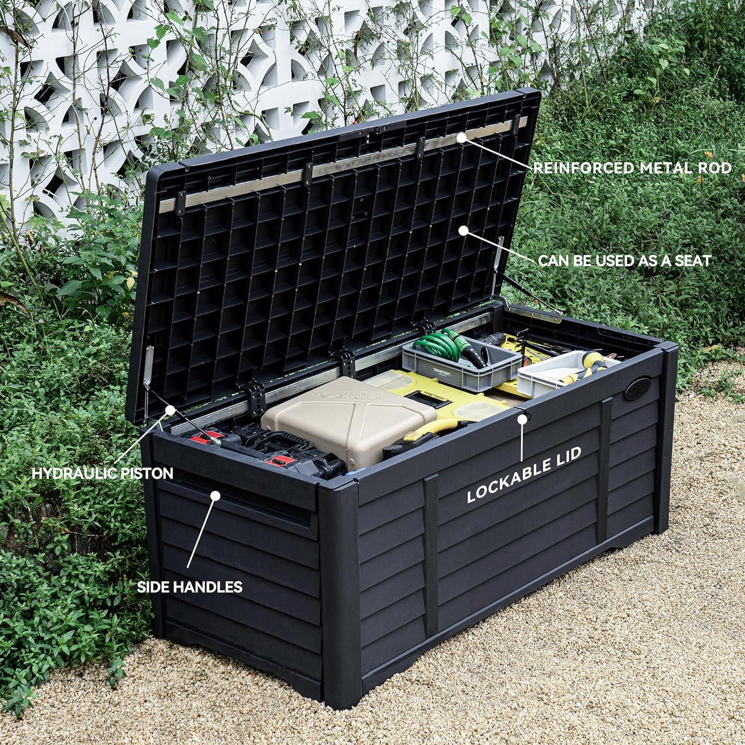 GEMBIK 120 Gallon Large Deck Box Waterproof Outdoor Storage Box, Resin Louvered Patio Storage , Black