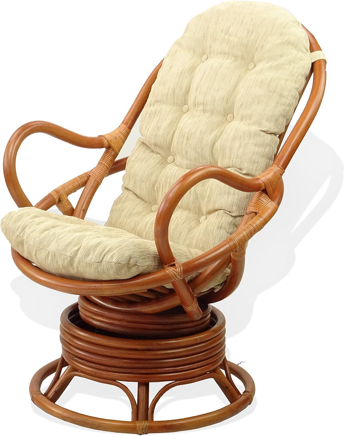 Java Lounge Swivel Rocking Chair with Cream Cushion Natural Rattan Wicker Handmade, Colonial