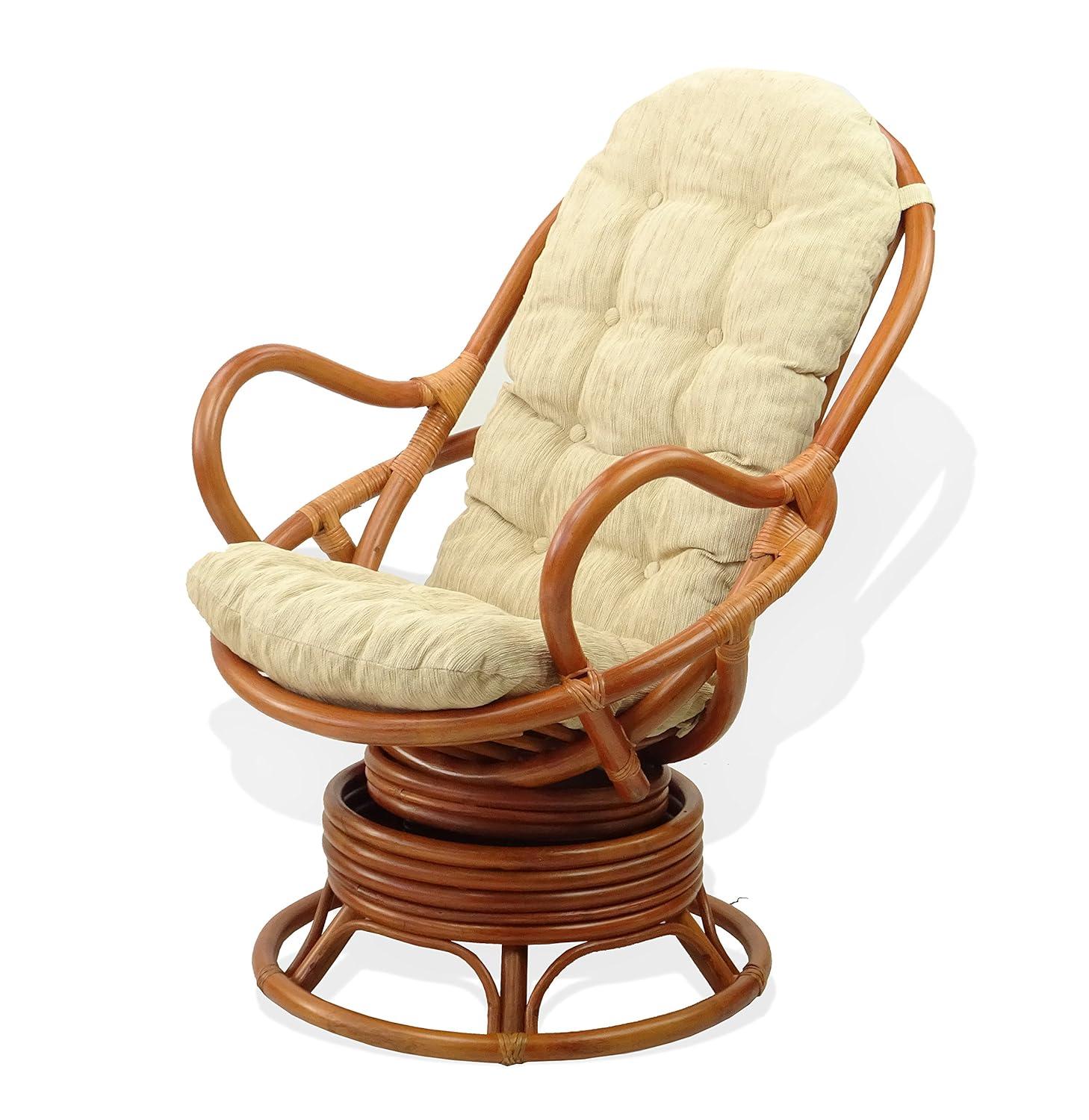 Java Lounge Swivel Rocking Chair with Cream Cushion Natural Rattan Wicker Handmade, Colonial