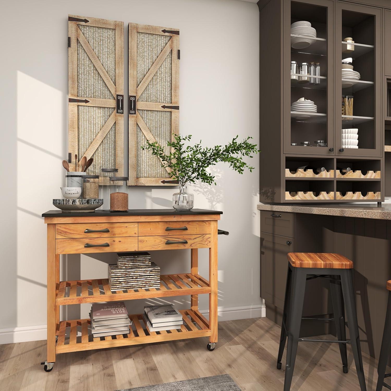 Brown Wood Kitchen Cart with Marble Top and Storage