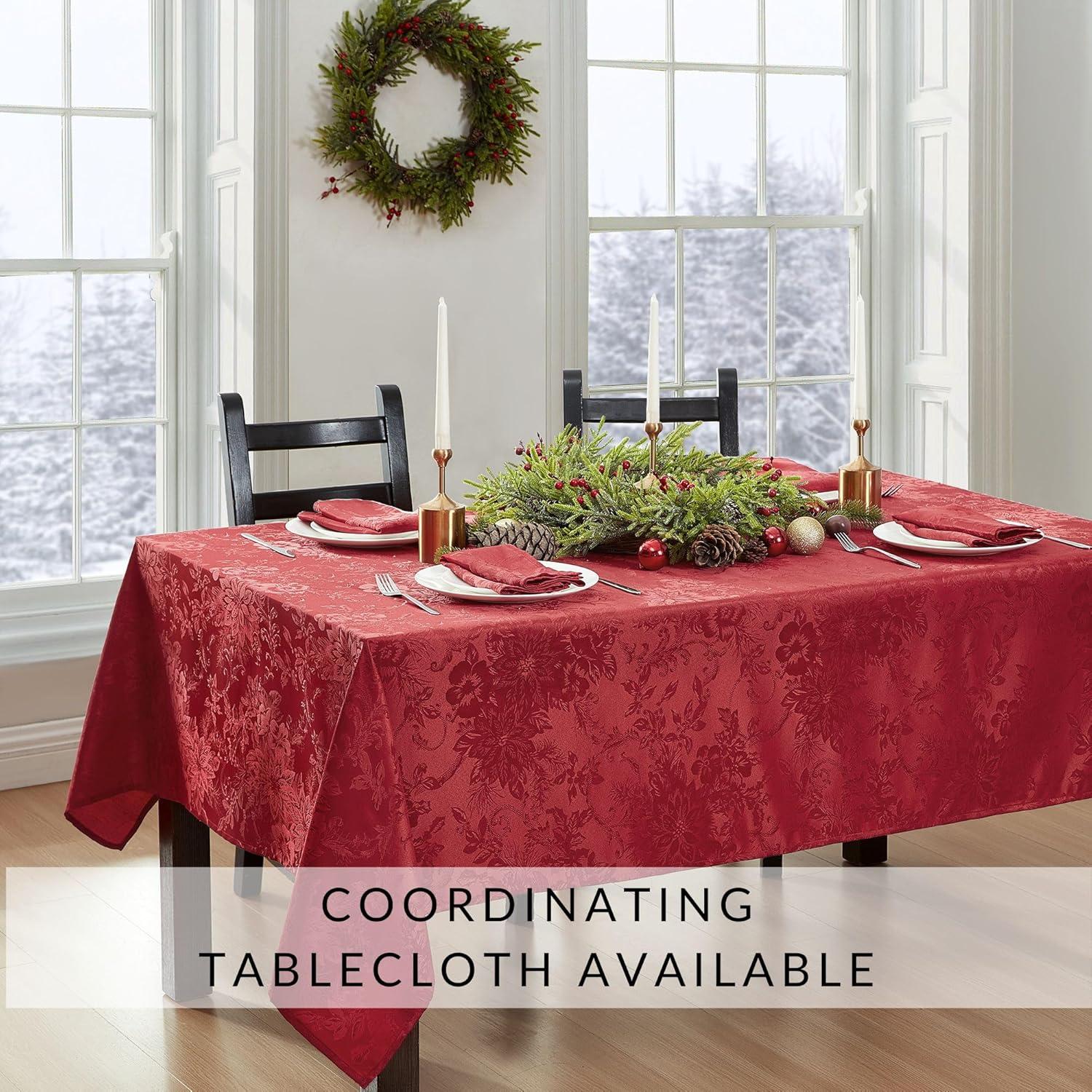 Poinsettia Elegance Jacquard Holiday Placemat, Set of 4 - 13" x 19" - Red - Elrene Home Fashions
