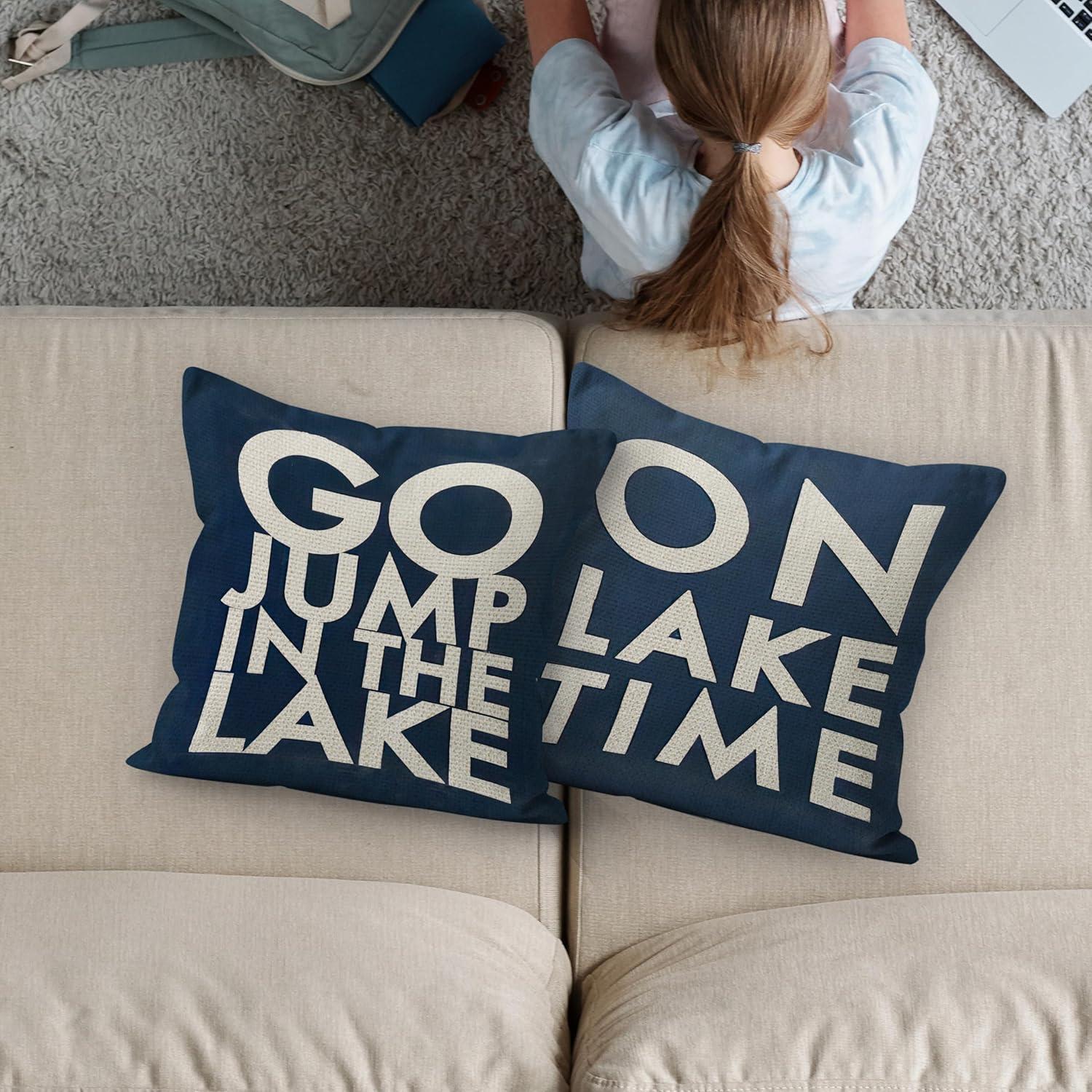 The Lake House Lake Throw Pillow Case, 18 x 18 Inch Set of 4, Lake Paddle Decor, Lake House Rules Decor, Lake House Decor, Lake House Room Decor Pillows Cover for Sofa Couch Bed (Blue)