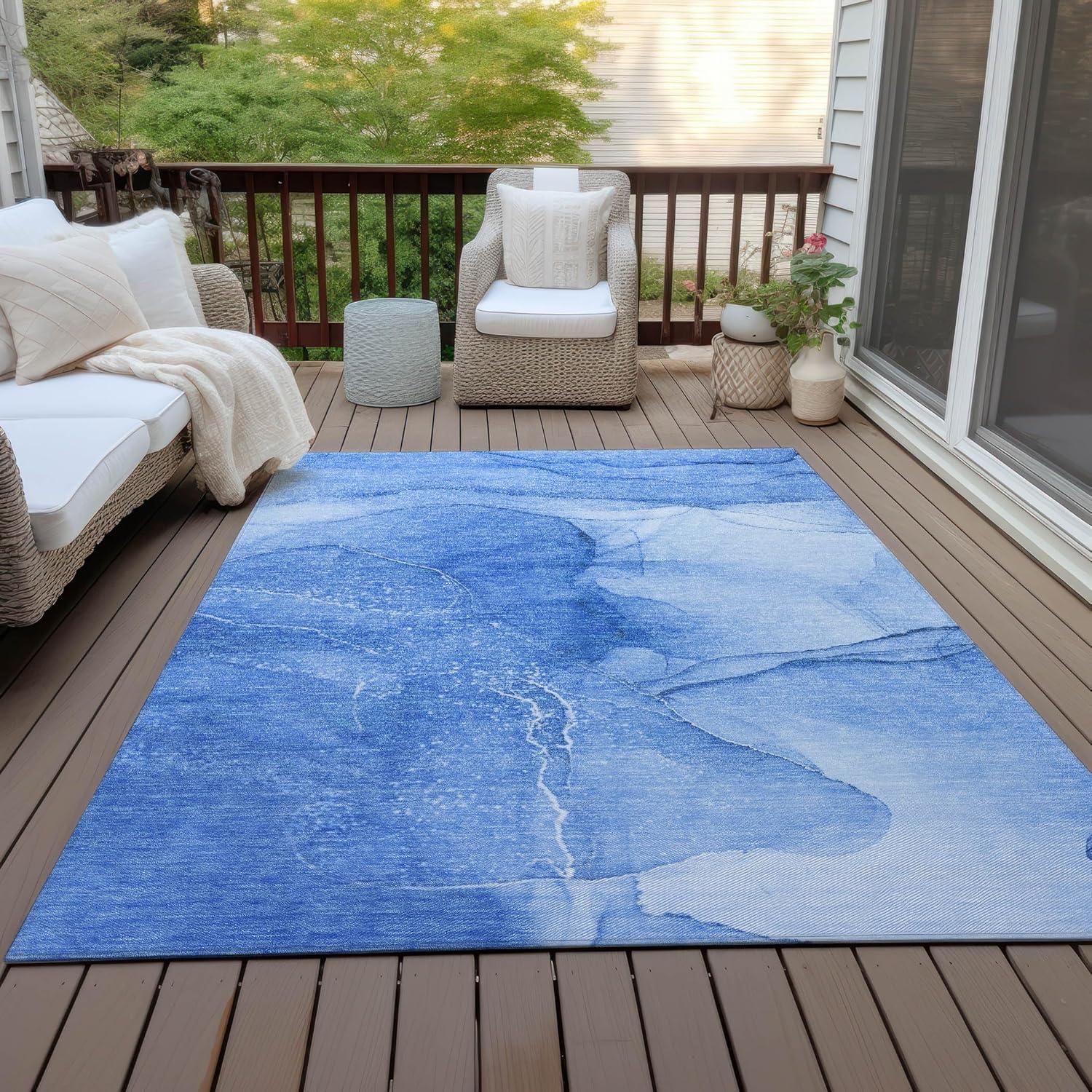 Blue Watercolor Pattern Machine Washable Indoor Outdoor Rug