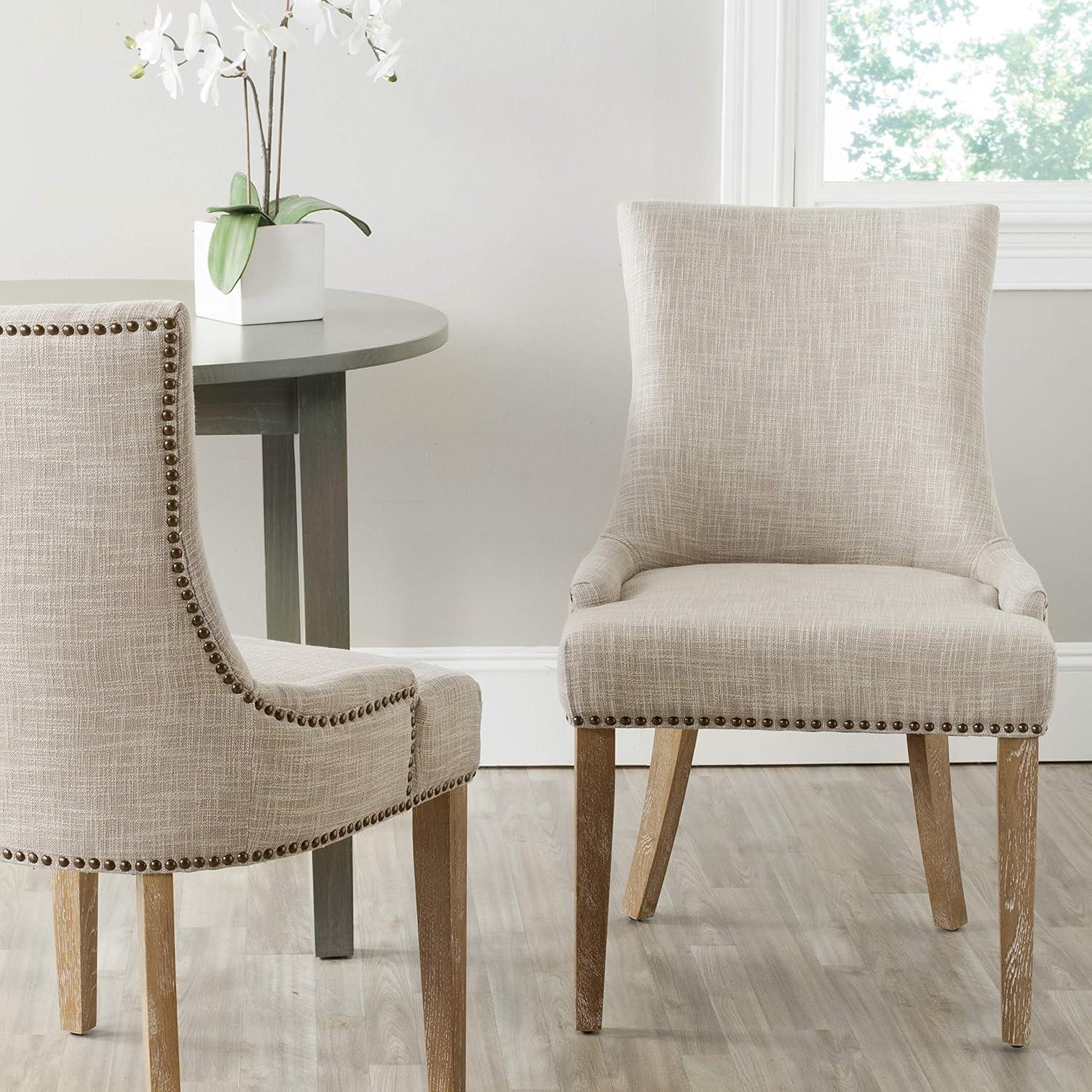 Gray Linen Upholstered Parsons Dining Chairs with Wood Legs, Set of 2