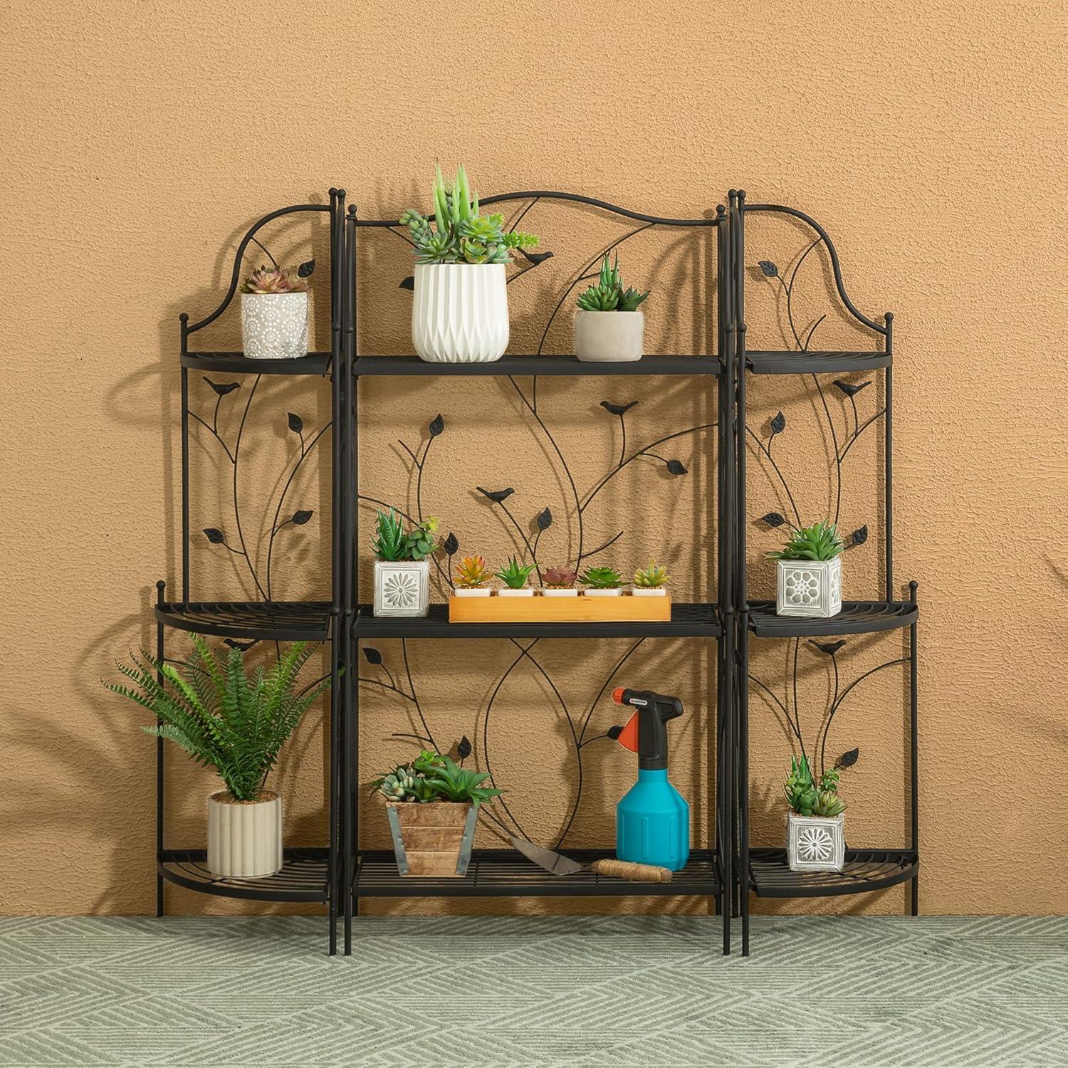 Black Metal 3-Tier Rectangular Plant Stand with Vines and Birds