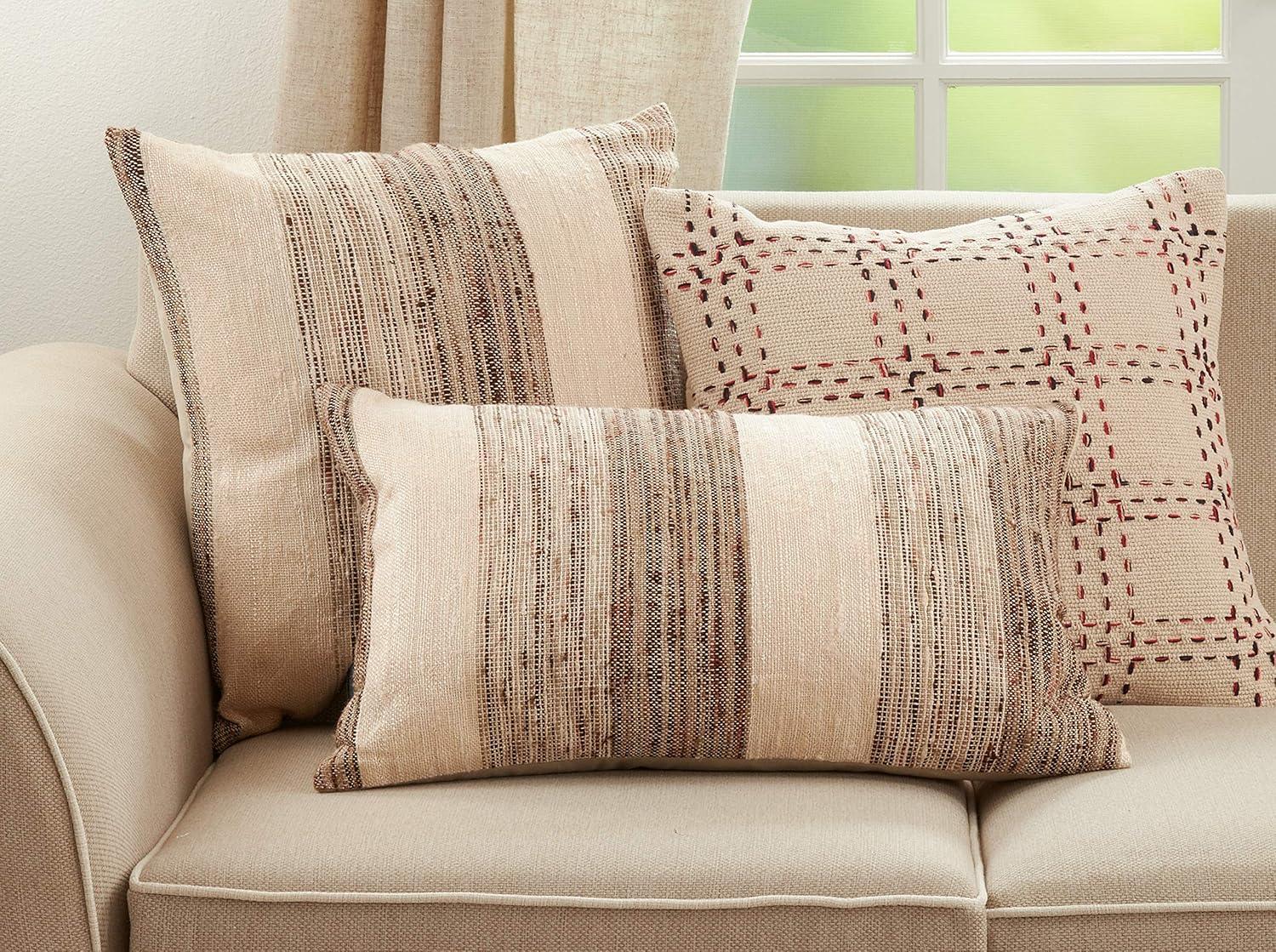 Beige and Brown Banded Cotton Square Throw Pillow with Down Filling