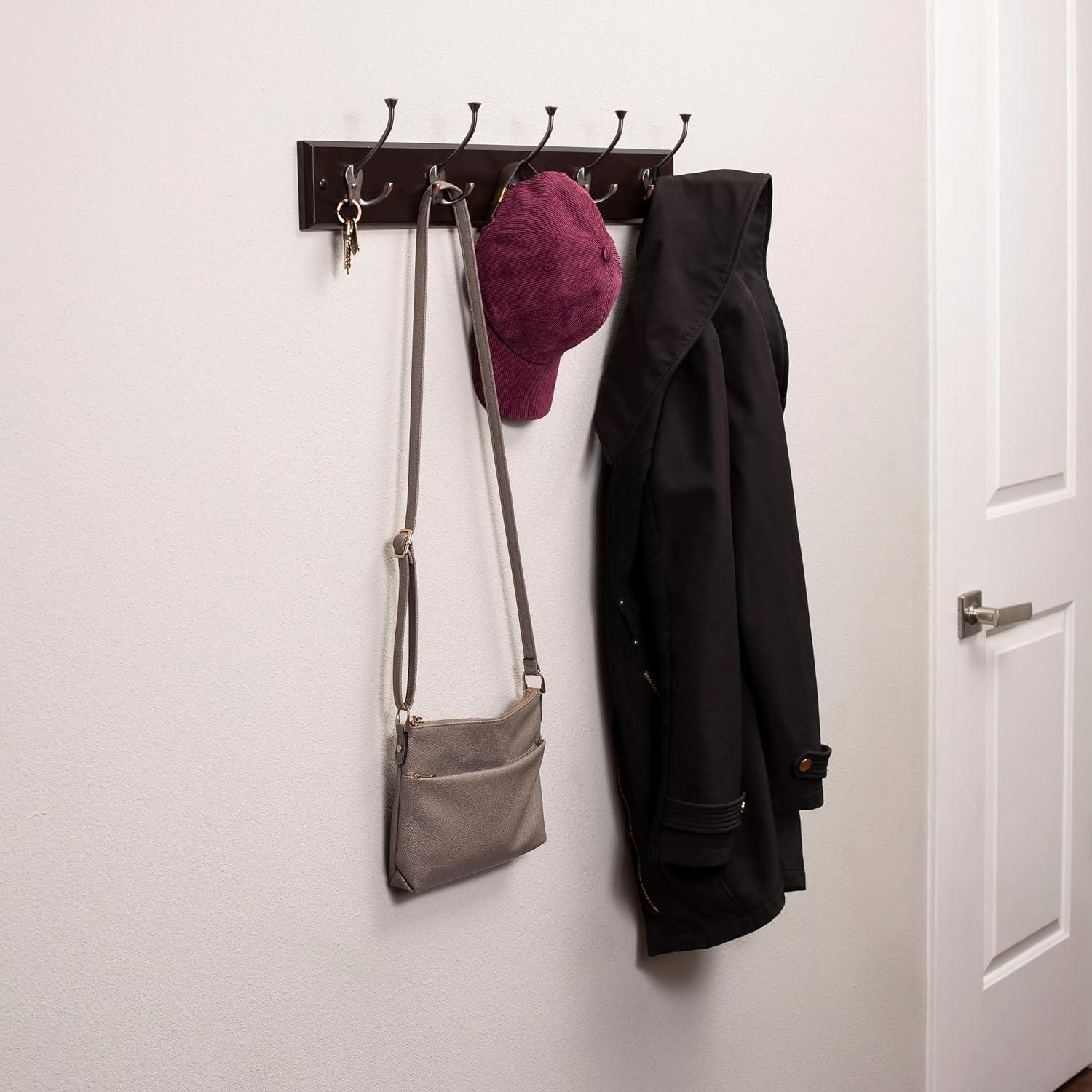 BirdRock Home Tri Hook Coat Rack - 5 Hooks - Wall Mount Hat Rack - Black Finish - Satin Nickel Hooks