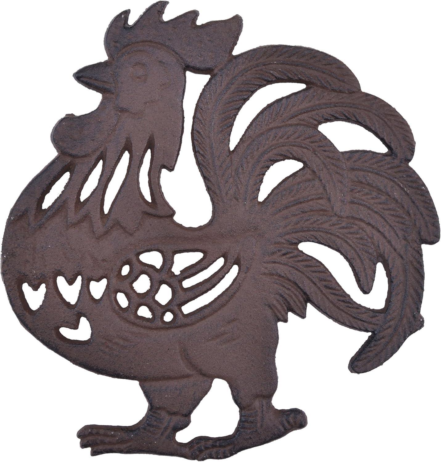 Rustic Brown Cast Iron Rooster Kitchen Trivet, 7.75" Wide