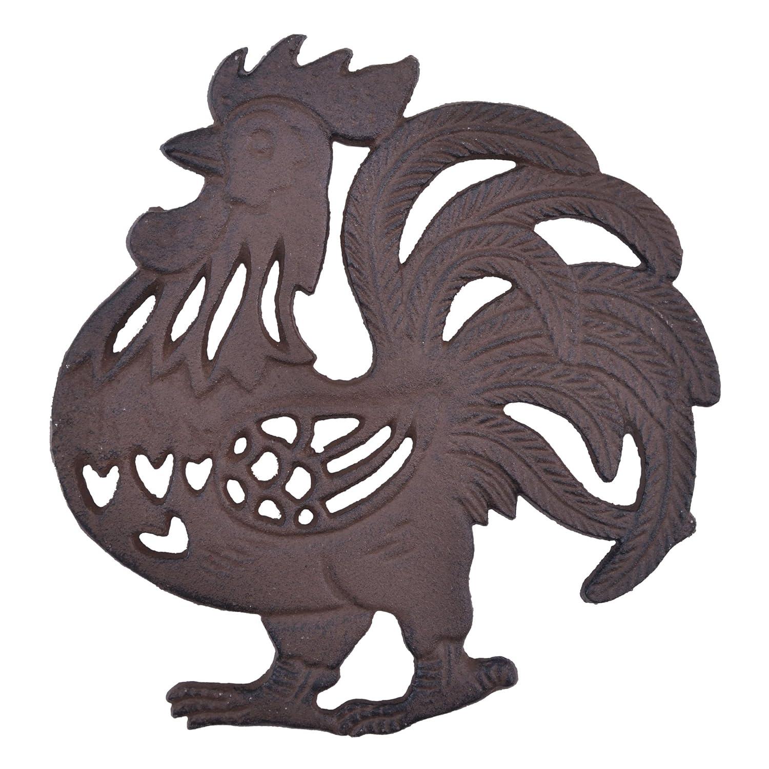 Rustic Brown Cast Iron Rooster Kitchen Trivet, 7.75" Wide