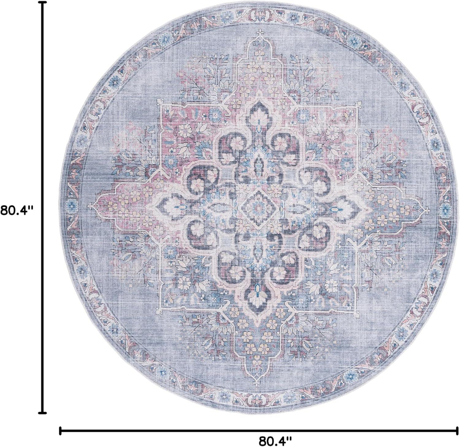 Ivory and Blue Round Washable Viscose Area Rug