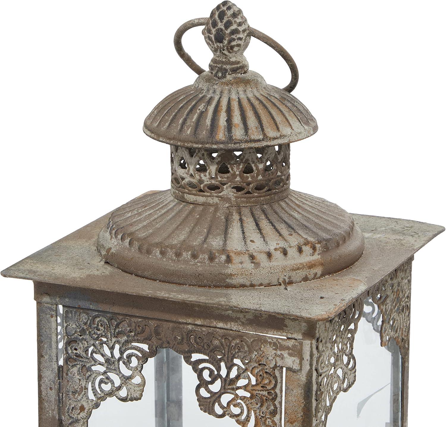 Elegant Tarnished Gray Iron and Glass Tabletop Lantern