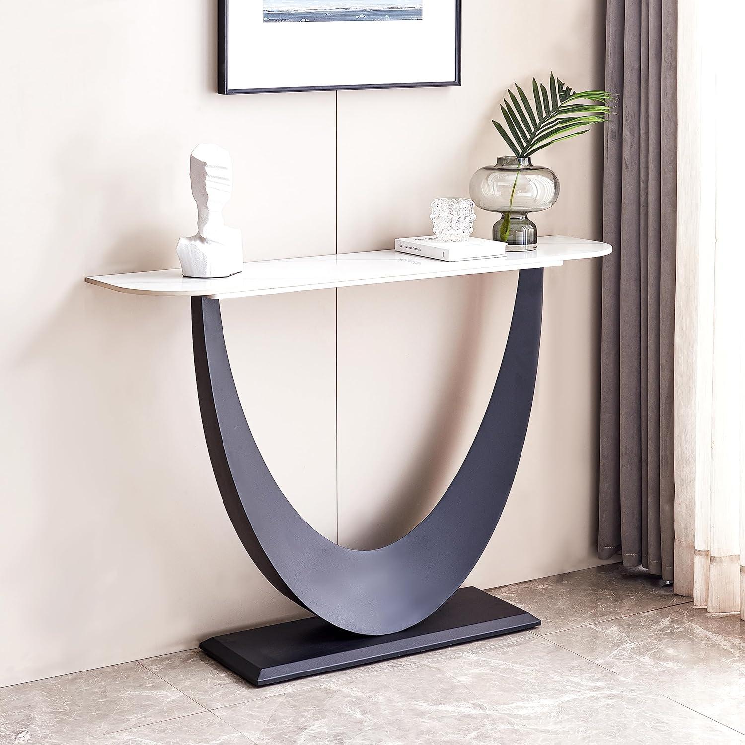 47'' Black and White Sintered Stone Console Table with Metal Base