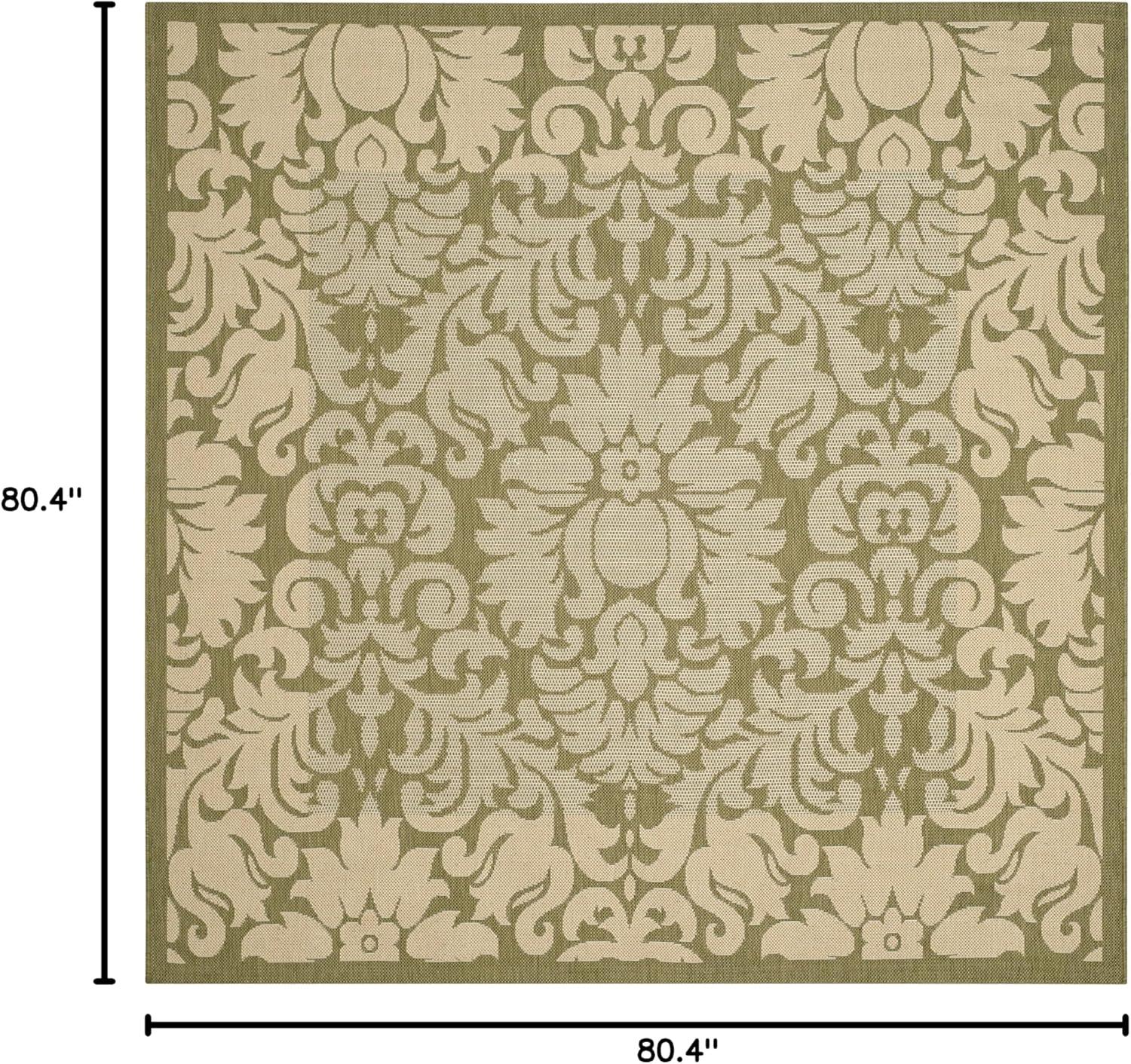 SAFAVIEH Courtyard Dani Damask Bordered Indoor/Outdoor Area Rug, 6'7" x 6'7" Square, Olive/Natural