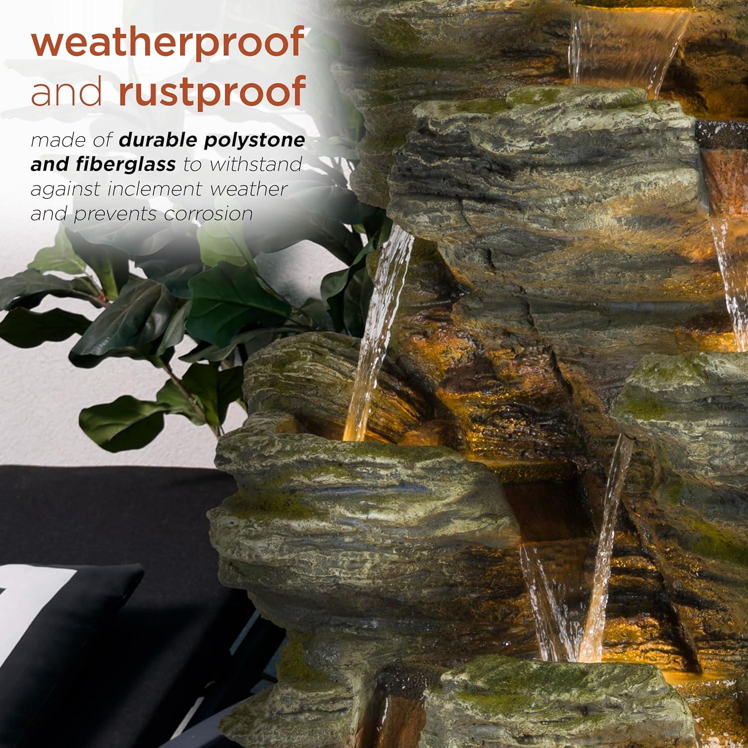 51" Resin Rock Cascading Fountain with LED Lights Gray - Alpine Corporation: Waterfall Feature, Birdbath