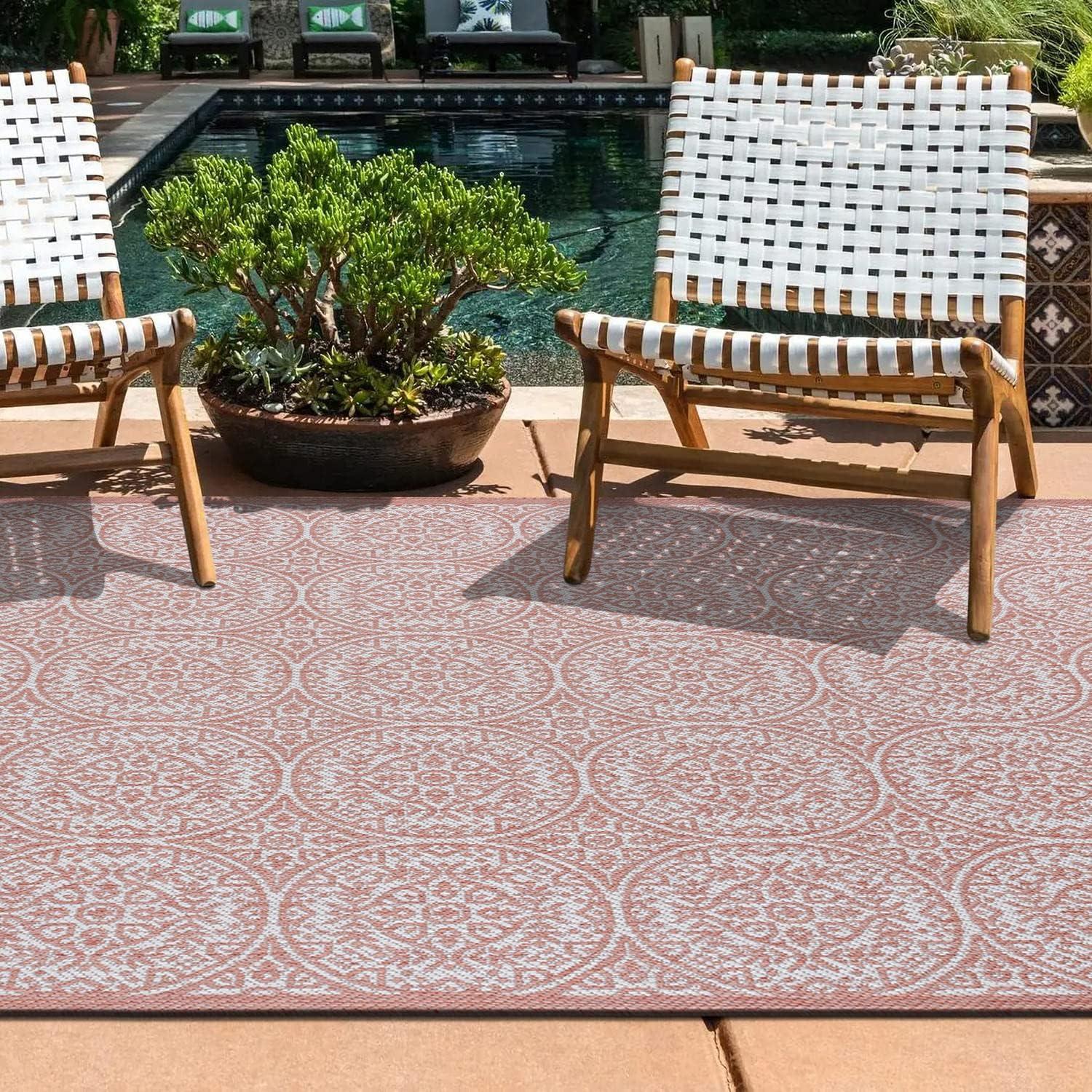 World Rug Gallery Transitional Floral Circles Textured Flat Weave Indoor/Outdoor Area Rug