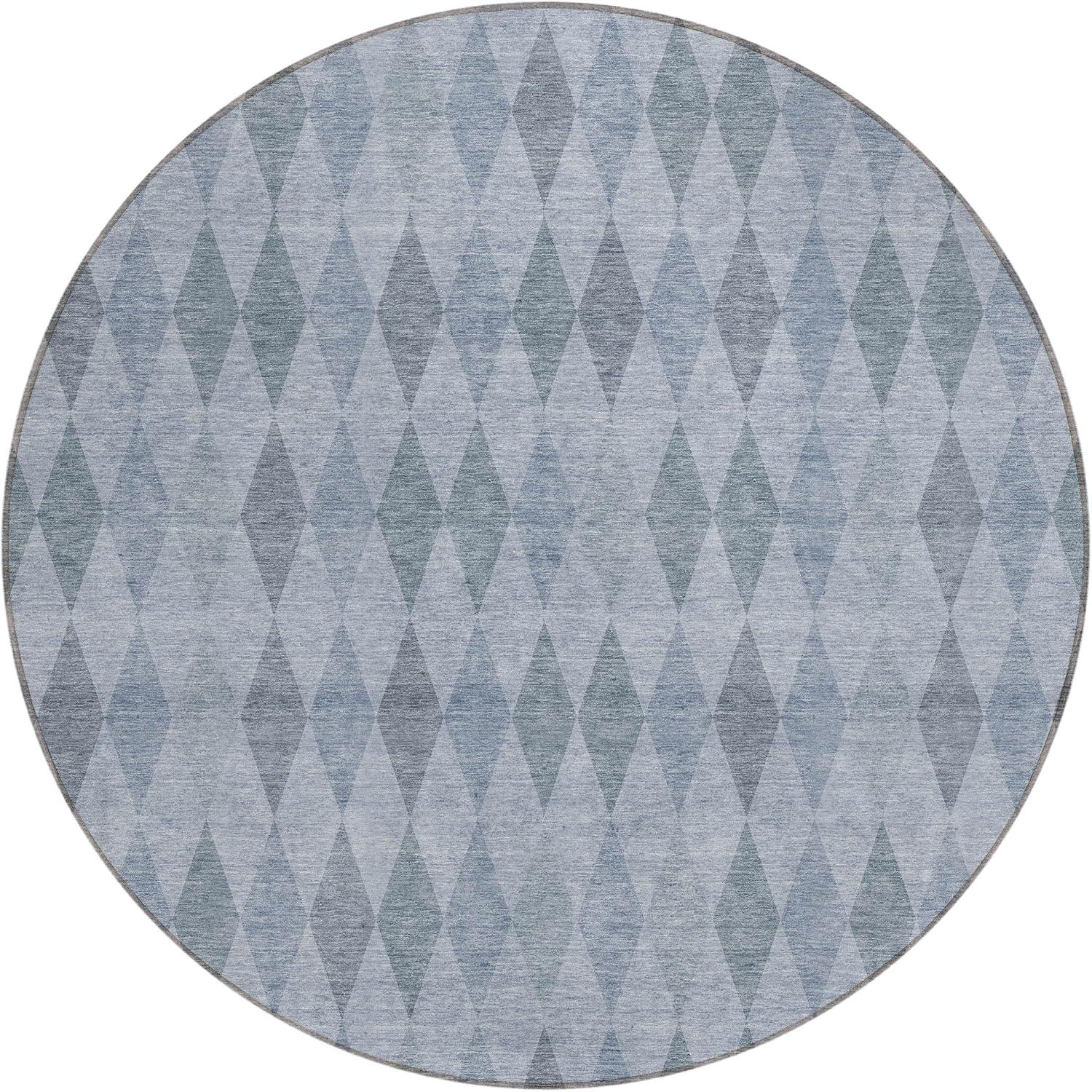 Denim Blue Round Geometric Machine-Washable Area Rug