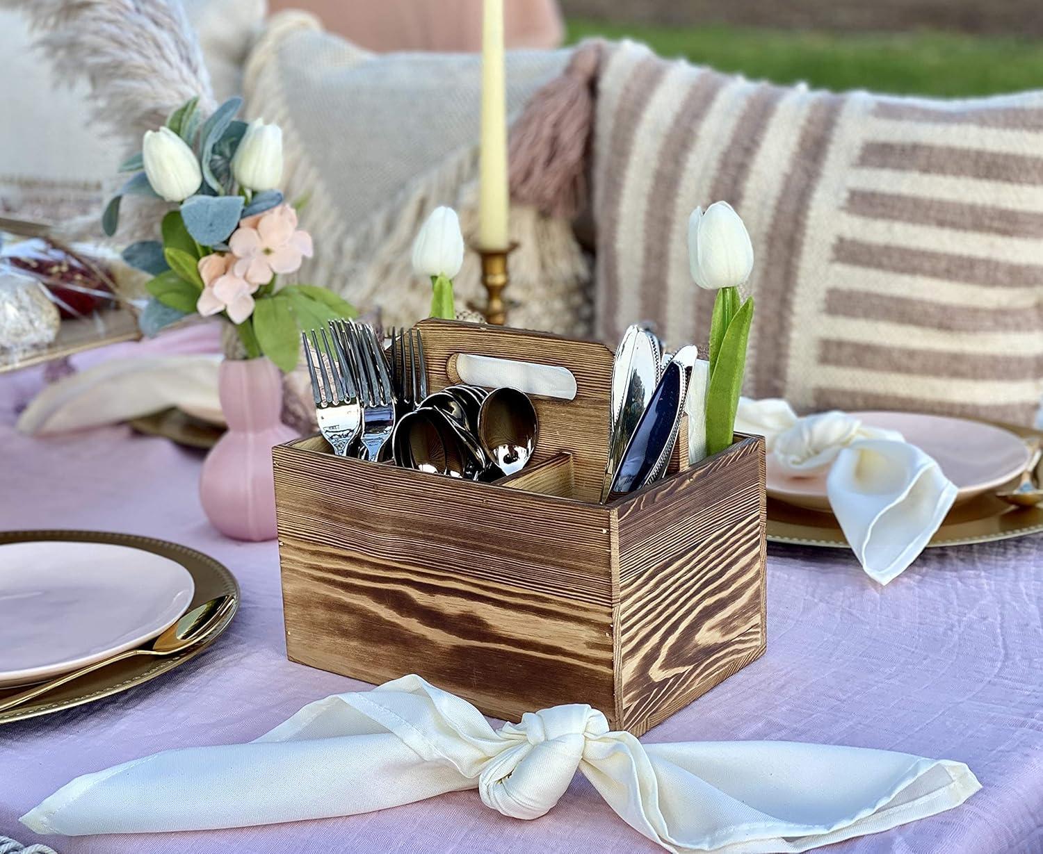 Rustic Pine Wood Utensil and Napkin Holder Caddy