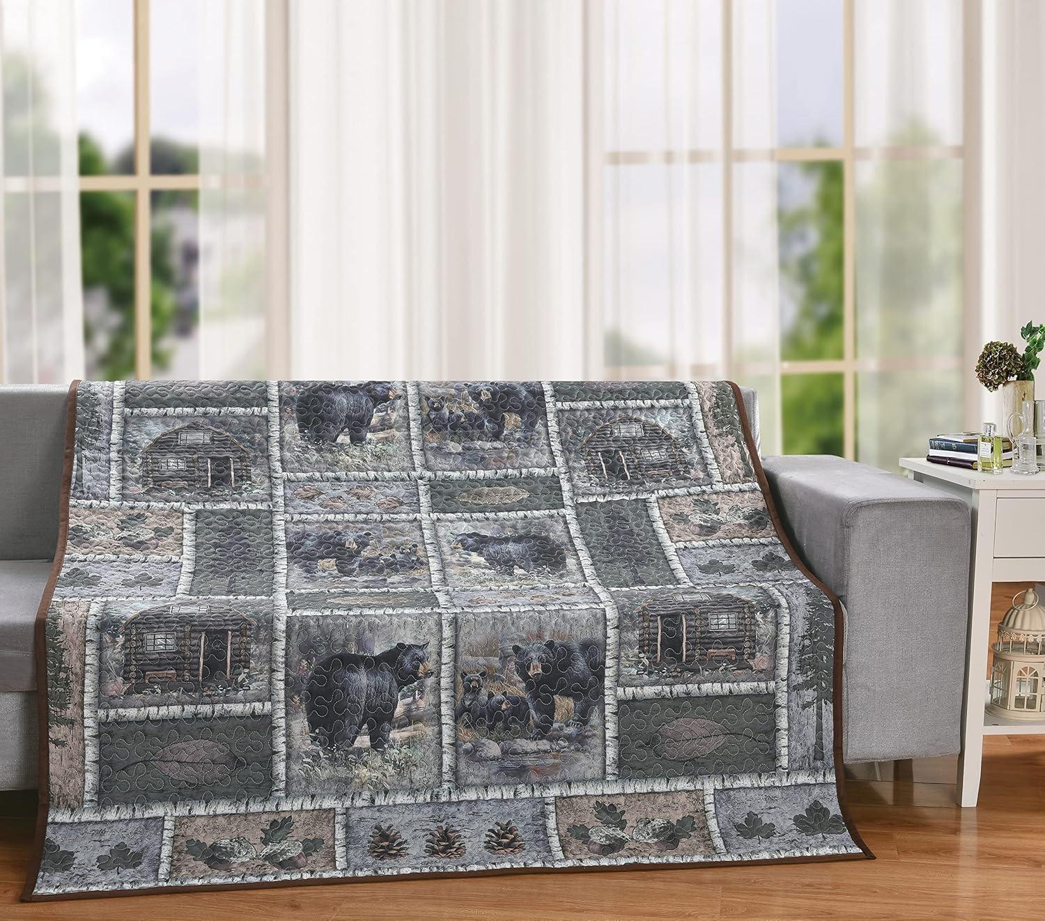 De Leon Collections  60 x 50 in. Bear Lodge Patchwork Woodland Decorative Quilt Throw Blanket, Multi Color