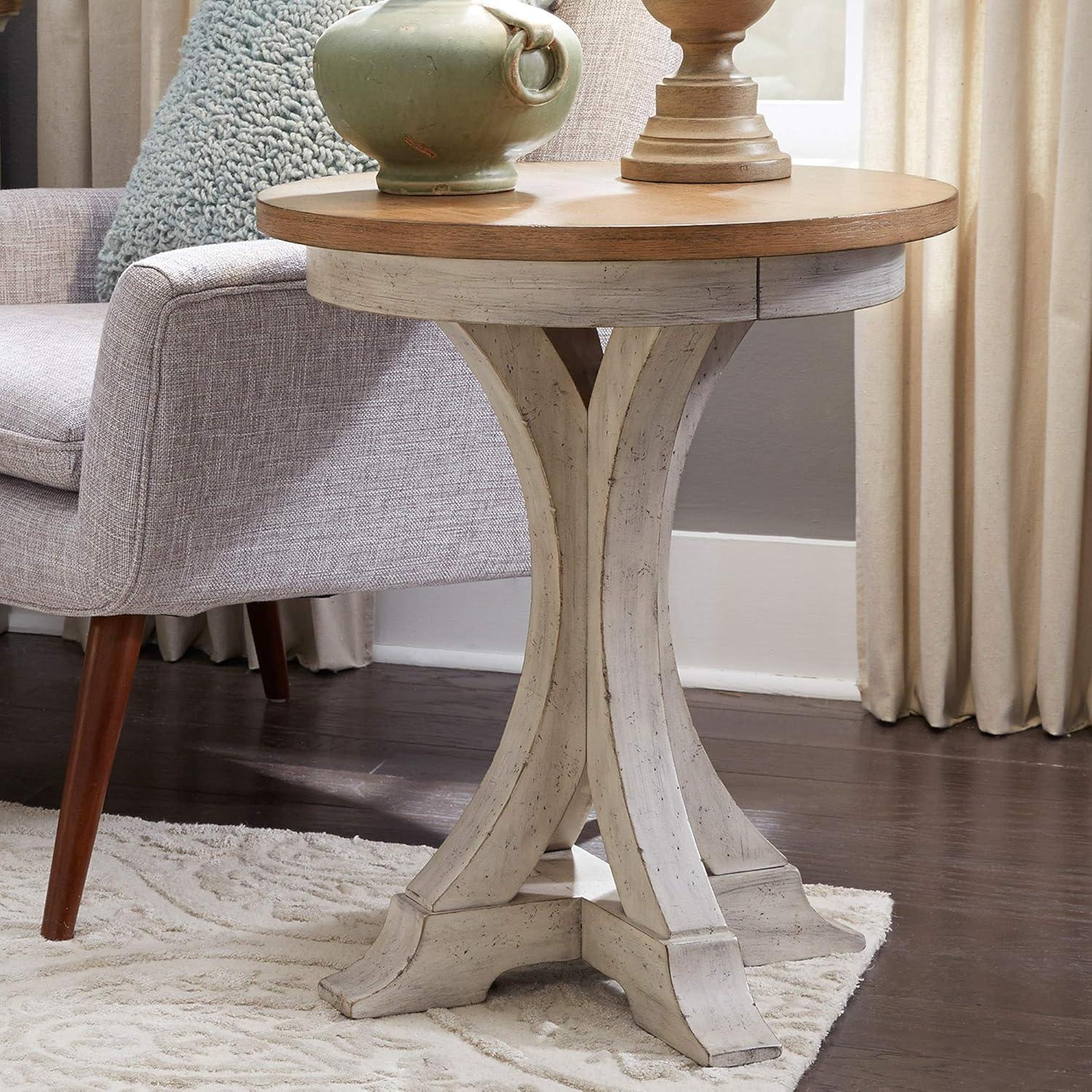 Antique White and Chestnut Round Chairside Table, 21"