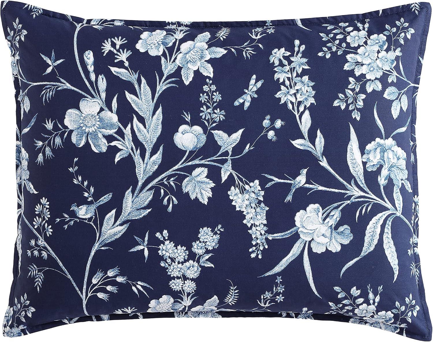 Laura Ashley 5pc Twin Branch Toile 100% Cotton Duvet Cover Bonus Set Blue: Includes Euro Sham, Machine Washable