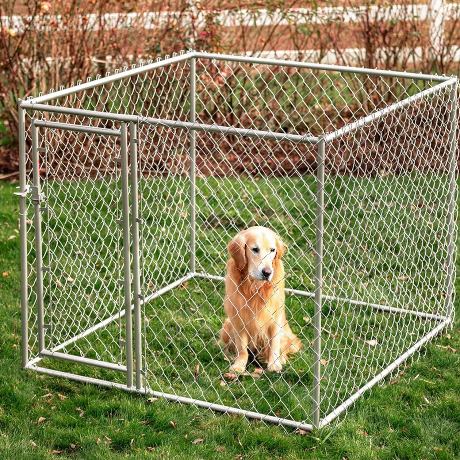 Lucky Dog Adjustable Heavy Duty Outdoor Galvanized Steel Chain Link Dog Kennel Enclosure with Latching Door, and Raised Legs