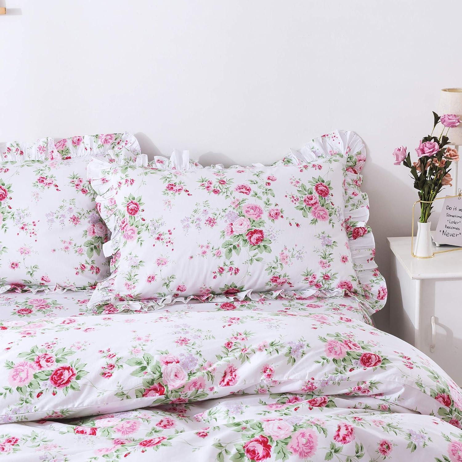 Pink Floral Cotton Ruffled Standard Pillowcases