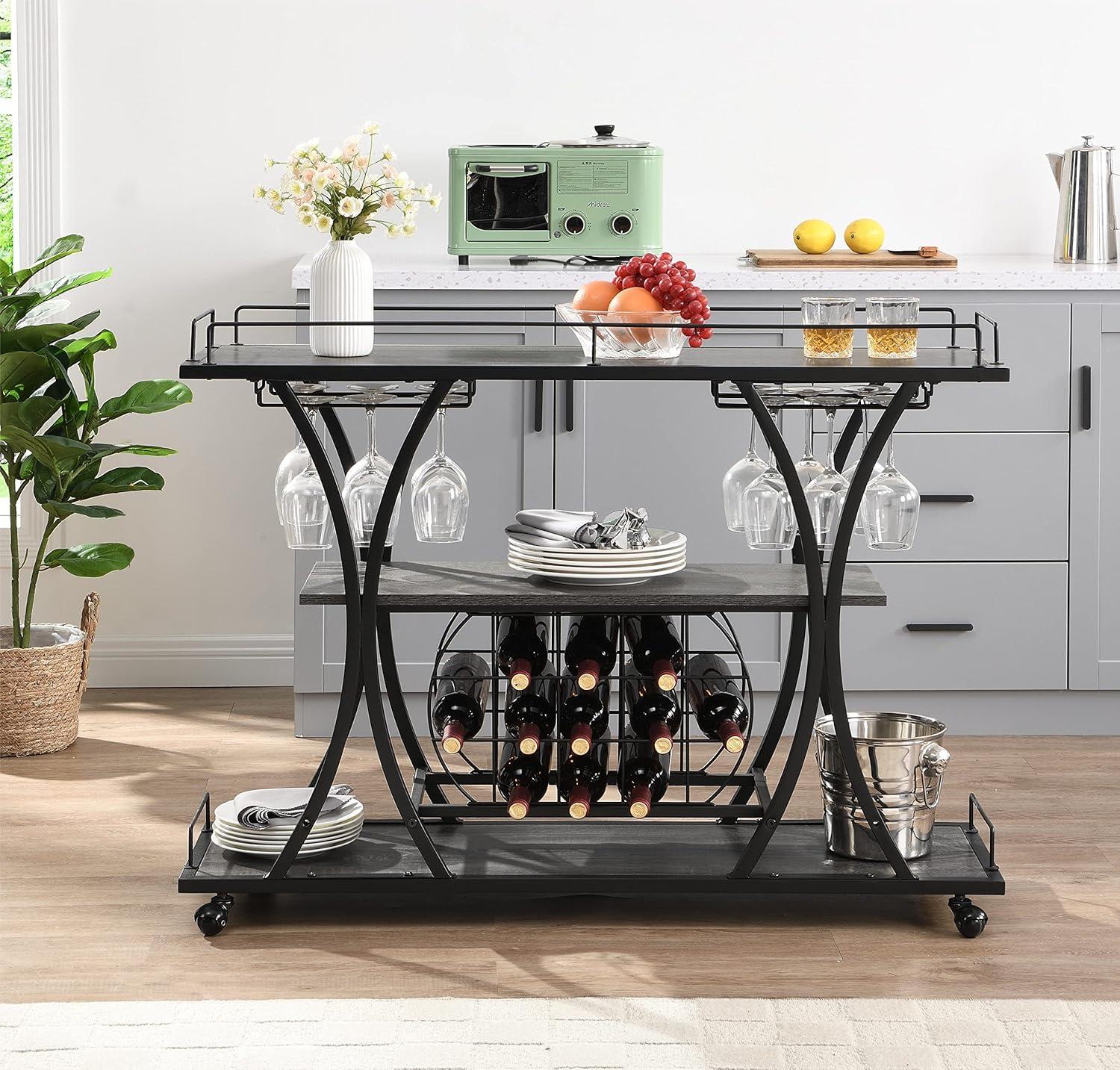 Gray Industrial Bar Cart with Wine Rack and Glass Shelf