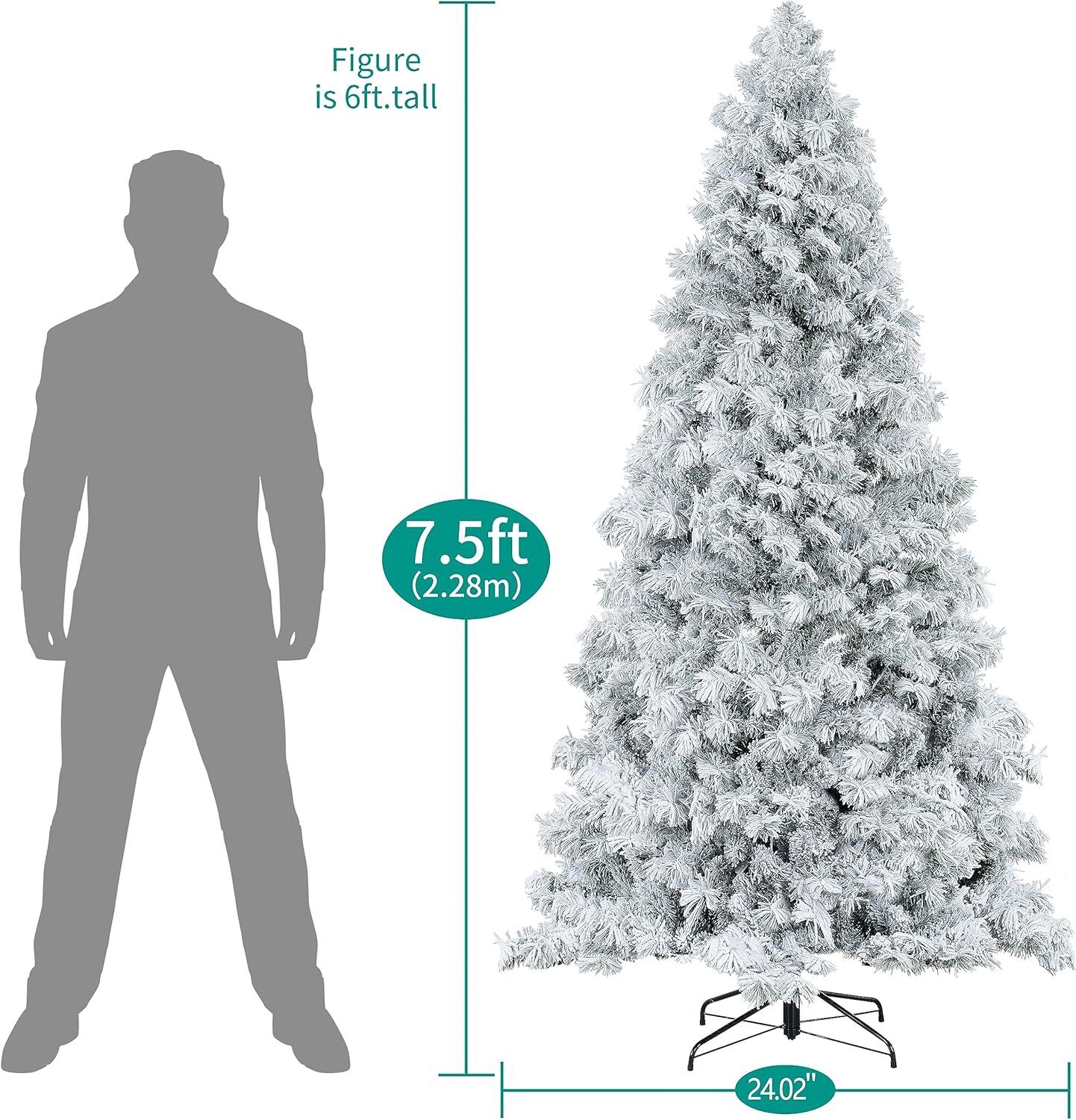 Naomi Home 7.5ft Snow Flocked Christmas Tree with Lights, Realistic Frosted Christmas Tree Prelit with 892 Branch Tips, 550 Warm Lights and Metal Stand, Aritificial Christmas Tree