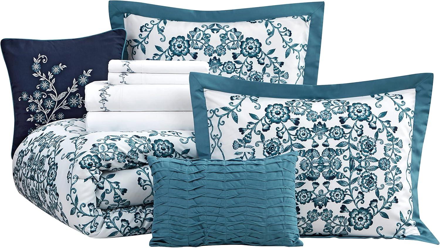 Lanco Dolores 7-Piece California King Comforter Set, Teal, Floral Fill Material 100% Polyester, All Season Premium Bedding Set