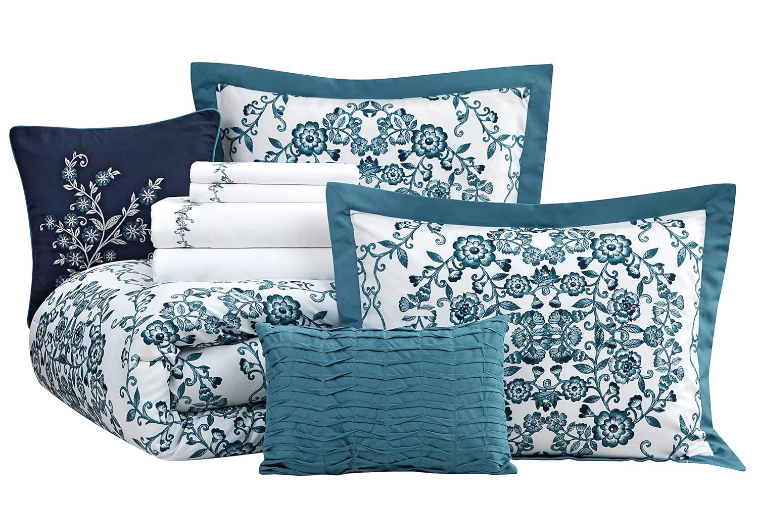 Lanco Dolores 7-Piece California King Comforter Set, Teal, Floral Fill Material 100% Polyester, All Season Premium Bedding Set
