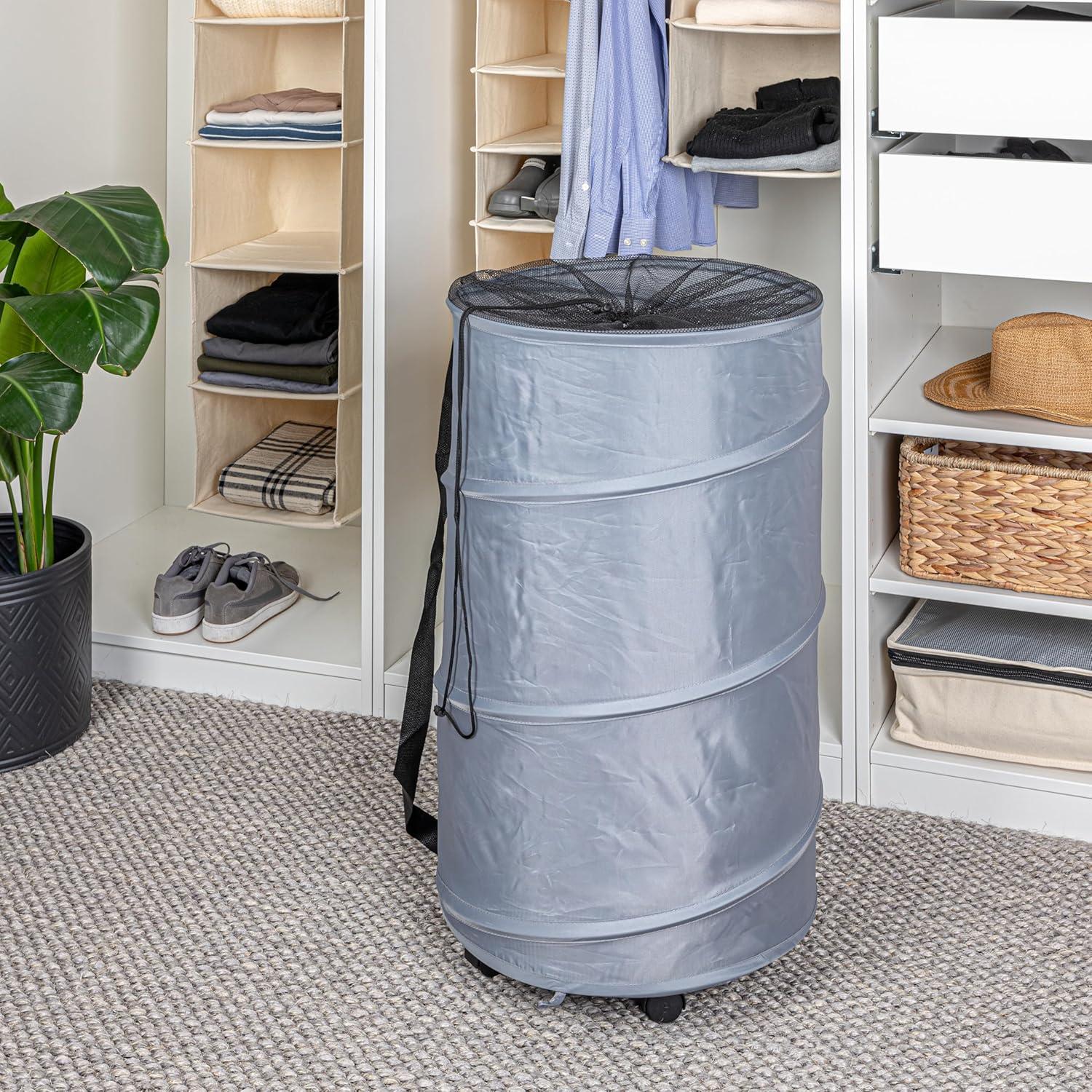 Gray Collapsible Upright Hamper with Wheels and Handles